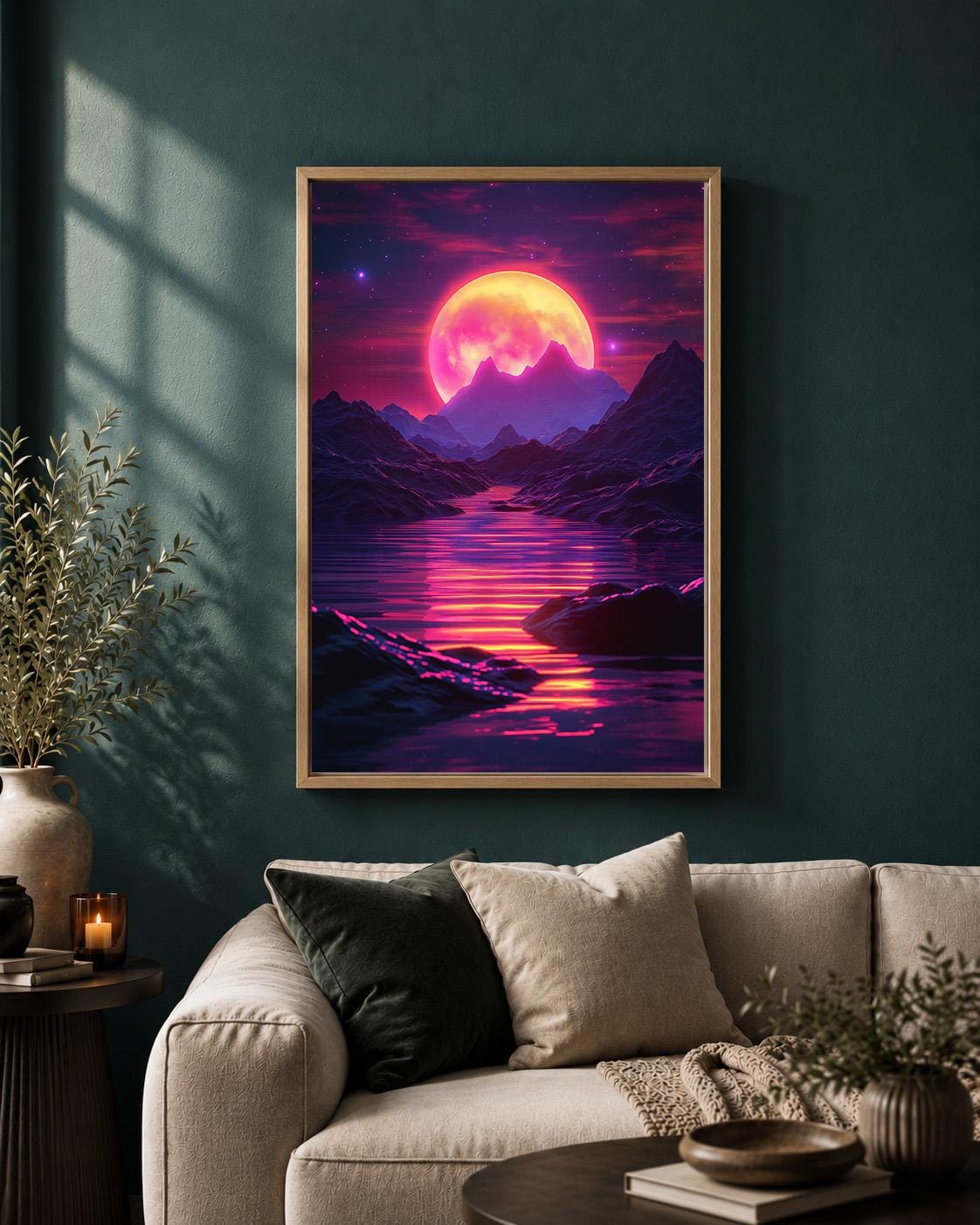 Vaporwave Retro Futuristic Sunset Neon Moon Landscape Framed Canvas by The Wall Art Studio - physical