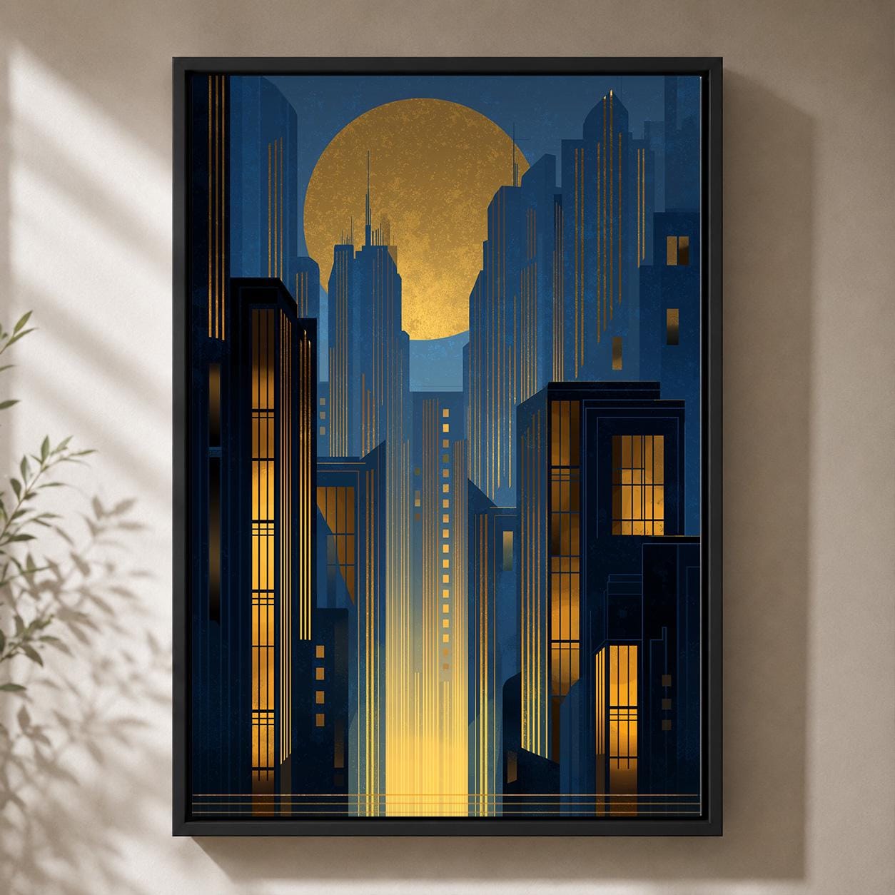Art Deco City Gold Moon Blue Geometric Skyline 1920s Inspired Framed Canvas by The Wall Art Studio - physical
