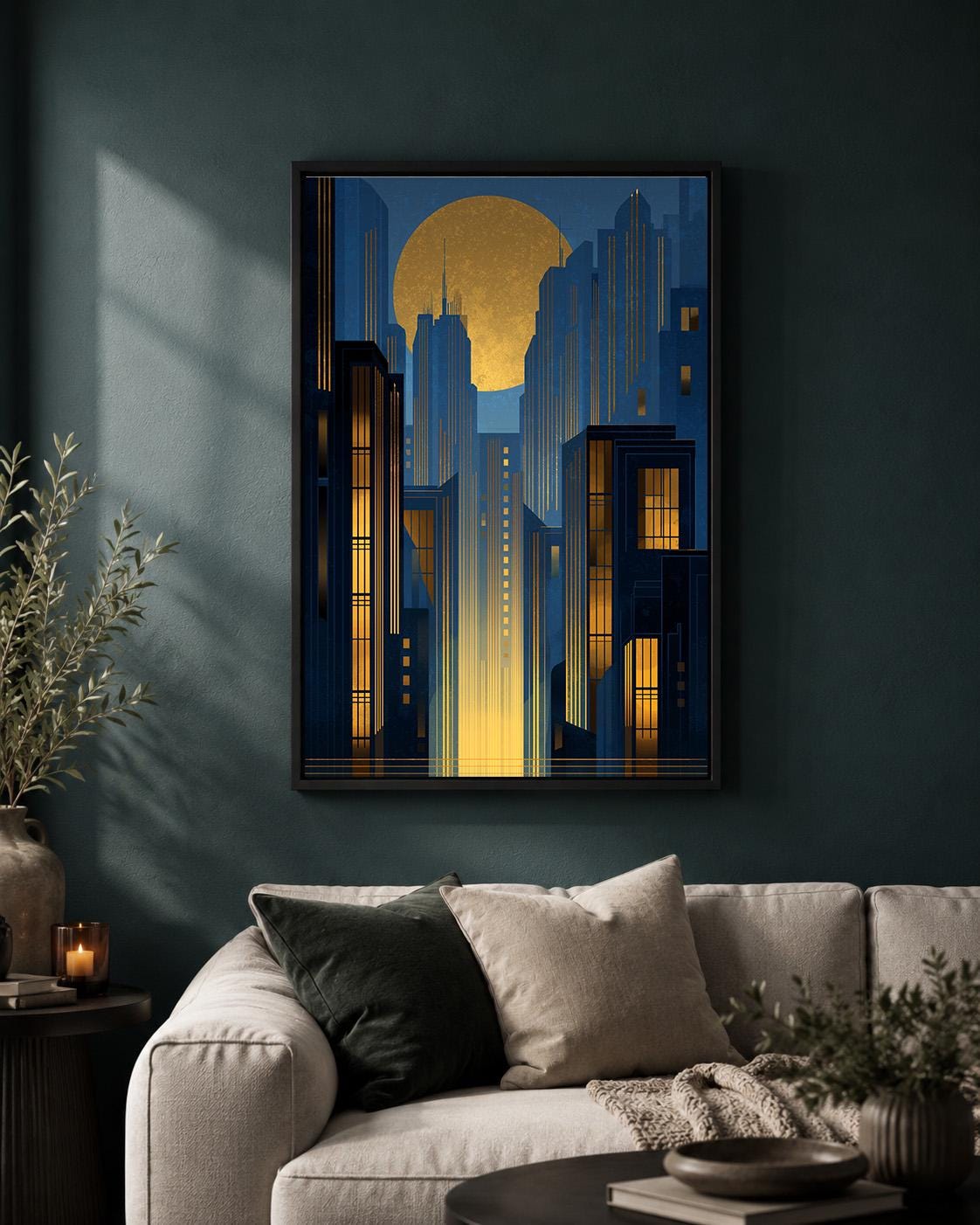 Art Deco City Gold Moon Blue Geometric Skyline 1920s Inspired Framed Canvas by The Wall Art Studio - physical