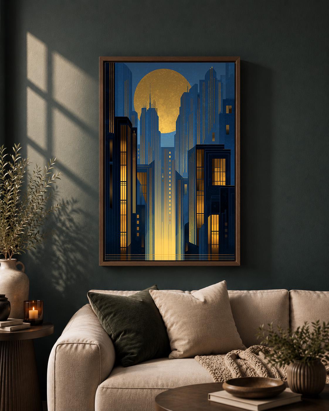 Art Deco City Gold Moon Blue Geometric Skyline 1920s Inspired Framed Canvas by The Wall Art Studio - physical