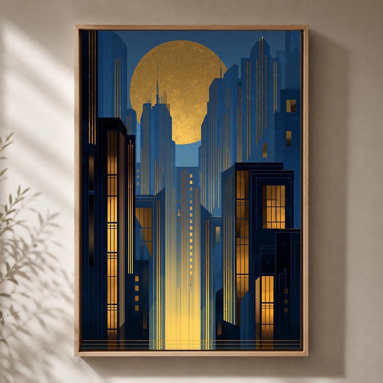 Art Deco City Gold Moon Blue Geometric Skyline 1920s Inspired Framed Canvas by The Wall Art Studio - physical