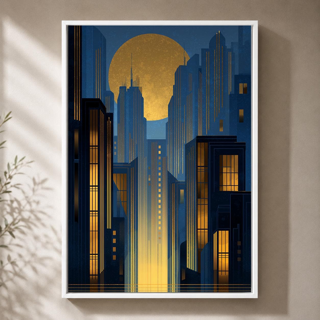 Art Deco City Gold Moon Blue Geometric Skyline 1920s Inspired Framed Canvas by The Wall Art Studio - physical