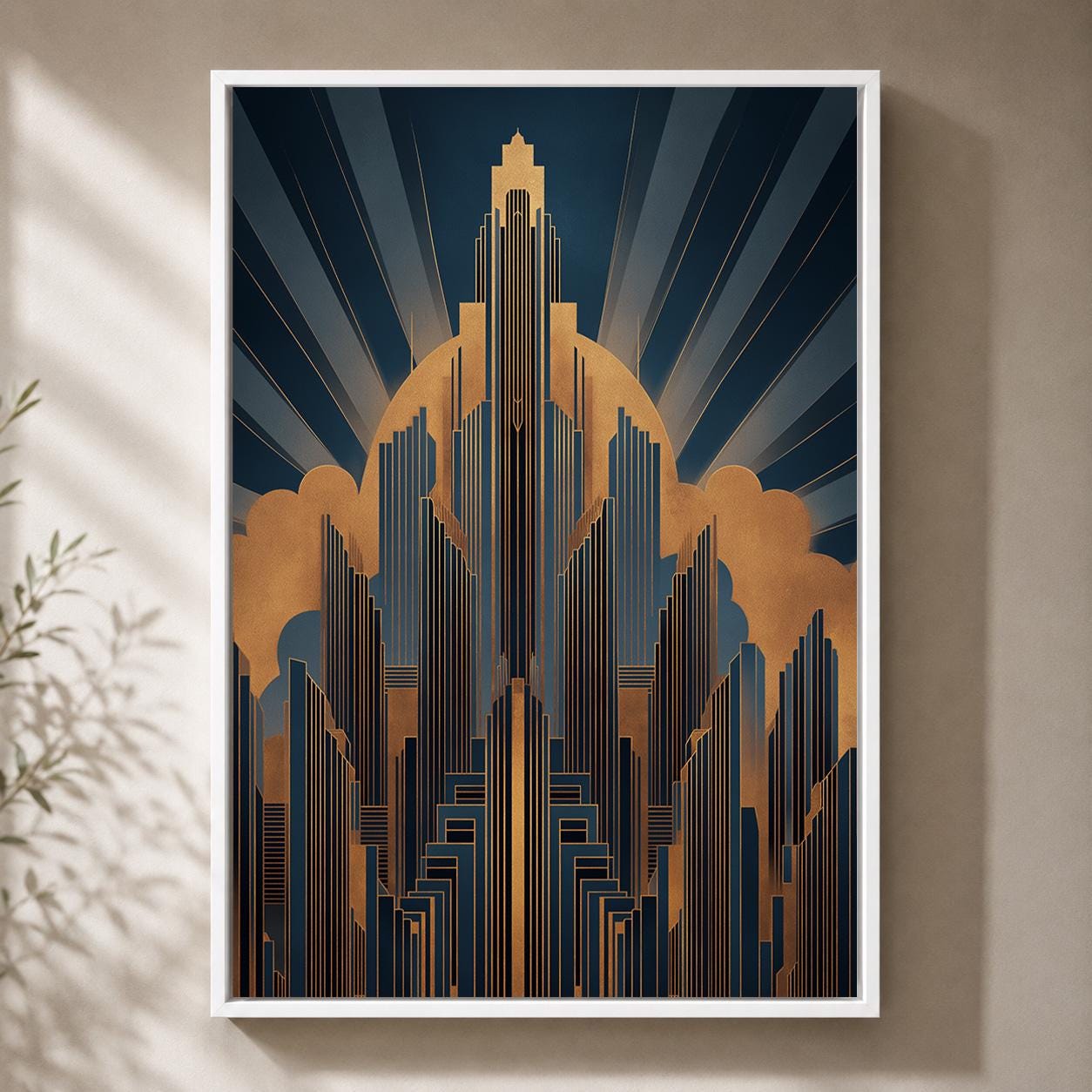 Art Deco Cityscape Gold Navy Geometric Architecture Framed Canvas by The Wall Art Studio - physical