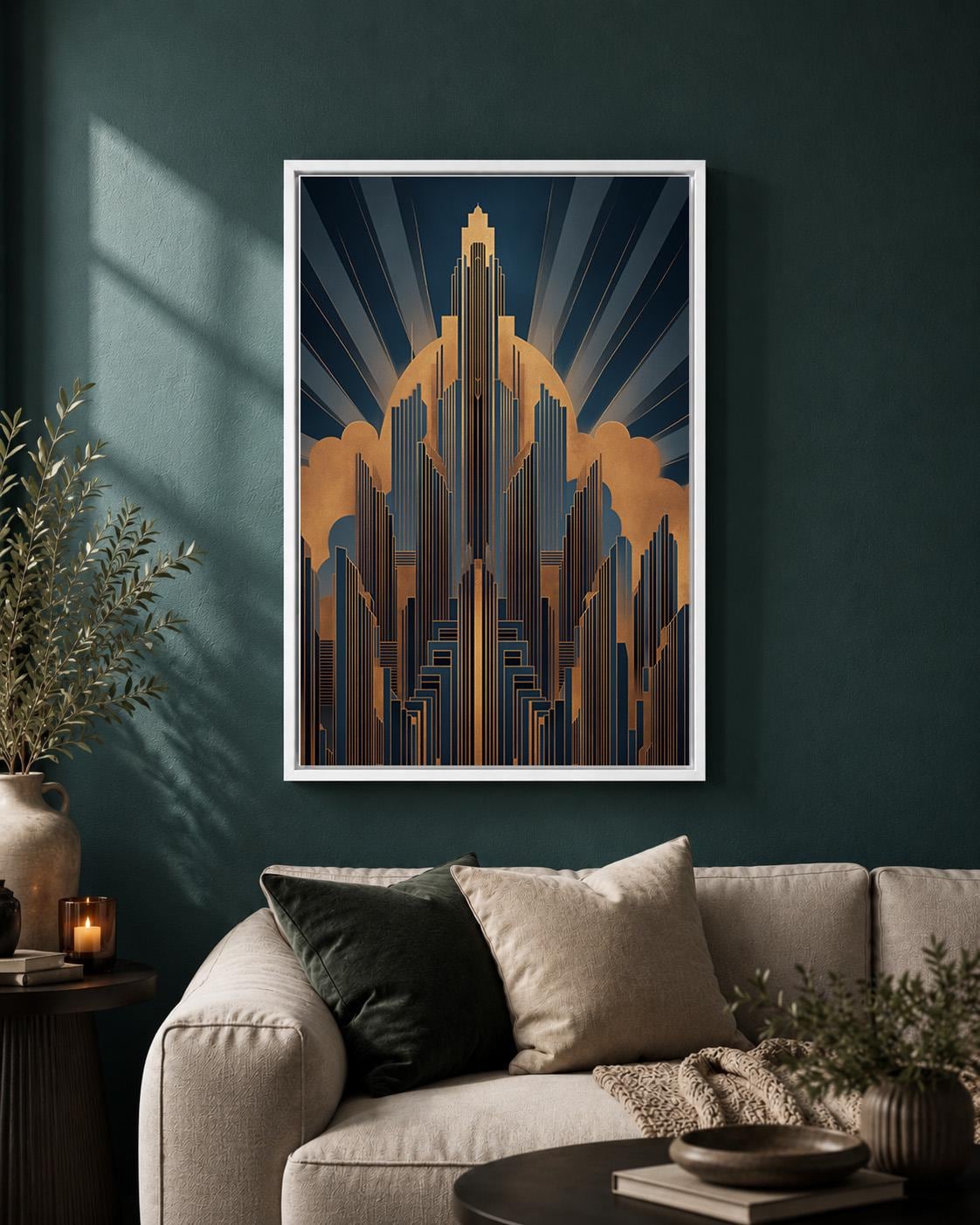 Art Deco Cityscape Gold Navy Geometric Architecture Framed Canvas by The Wall Art Studio - physical