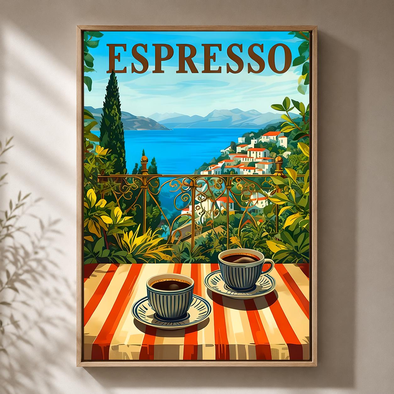 Espresso Coffee Mediterranean Coastal Coffee Framed Canvas by The Wall Art Studio - physical