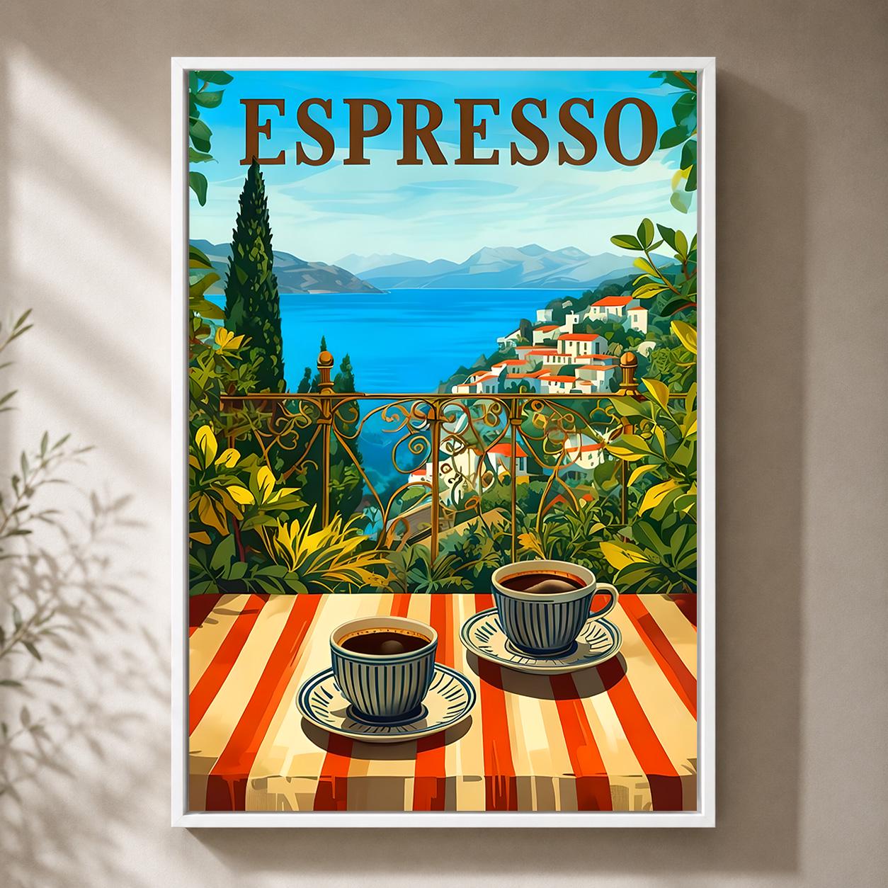 Espresso Coffee Mediterranean Coastal Coffee Framed Canvas by The Wall Art Studio - physical