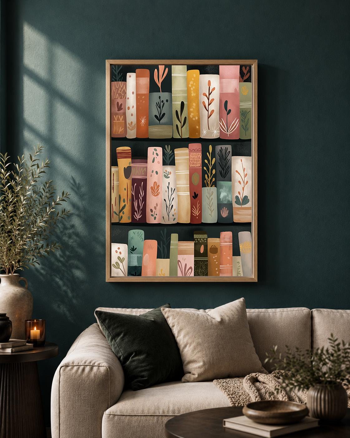 Floral Bookshelf Colorful Botanical Library Framed Canvas by The Wall Art Studio - physical