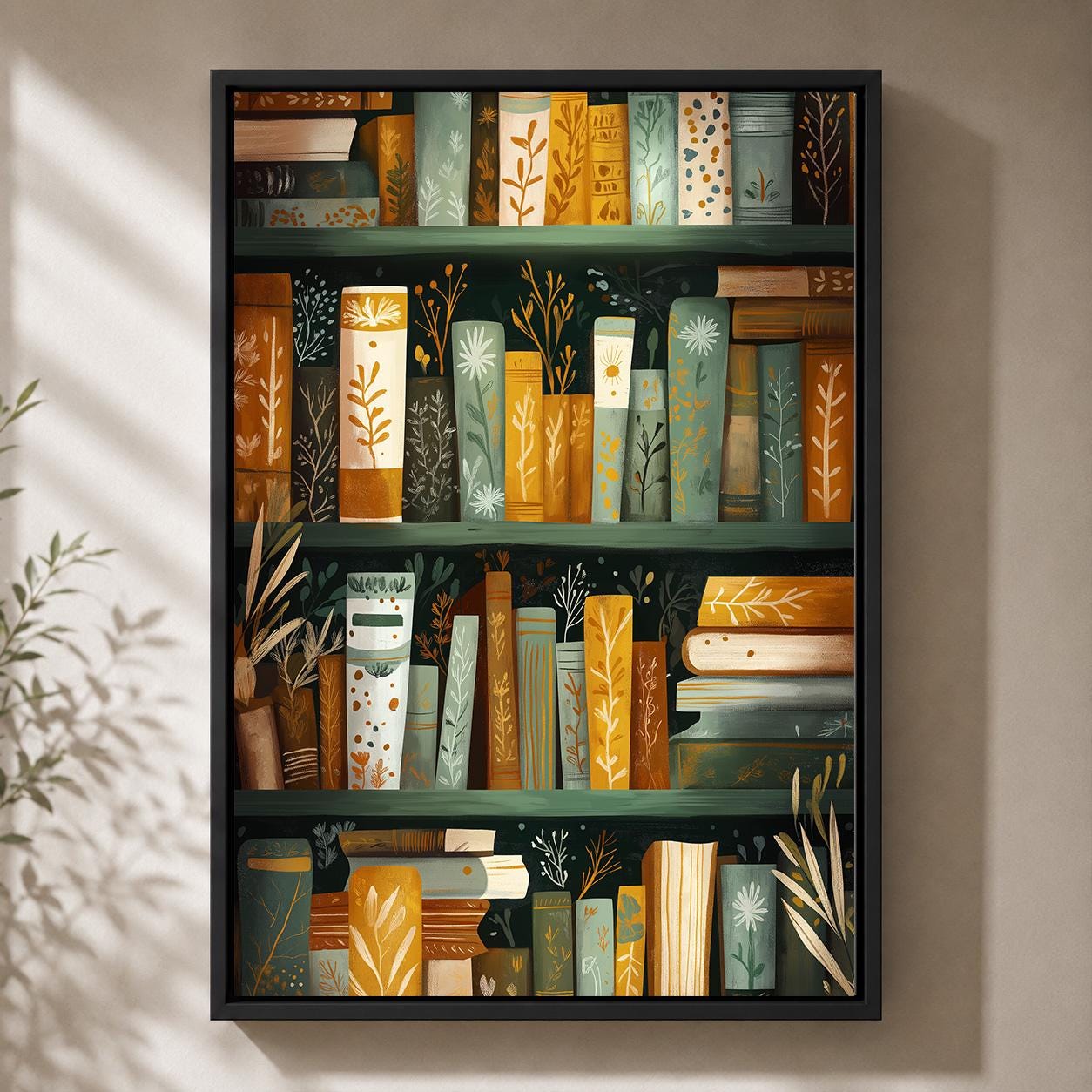 Botanical Bookshelf Dark Academia Book Green and Gold Library framed Canvas by The Wall Art Studio - physical