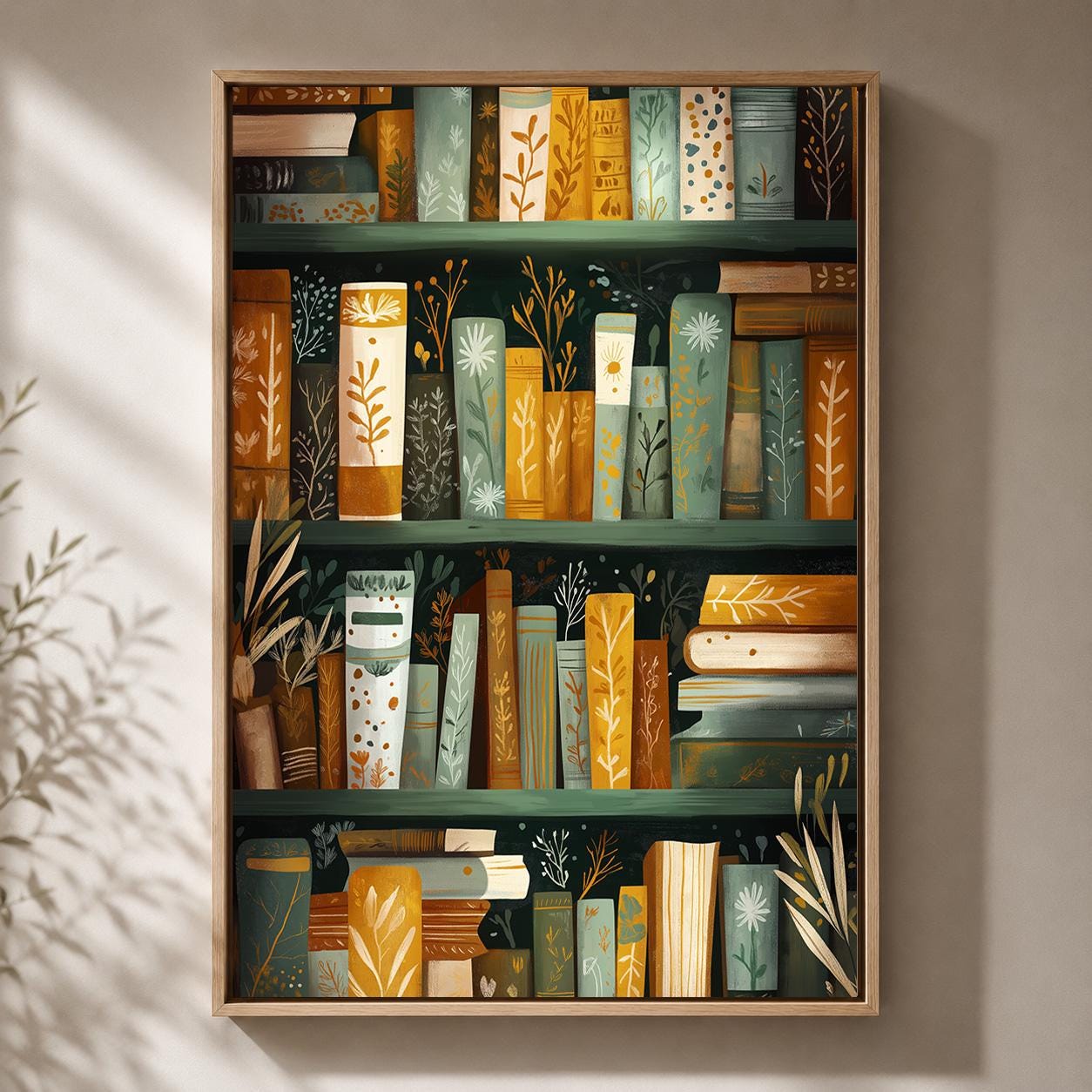Botanical Bookshelf Dark Academia Book Green and Gold Library framed Canvas by The Wall Art Studio - physical