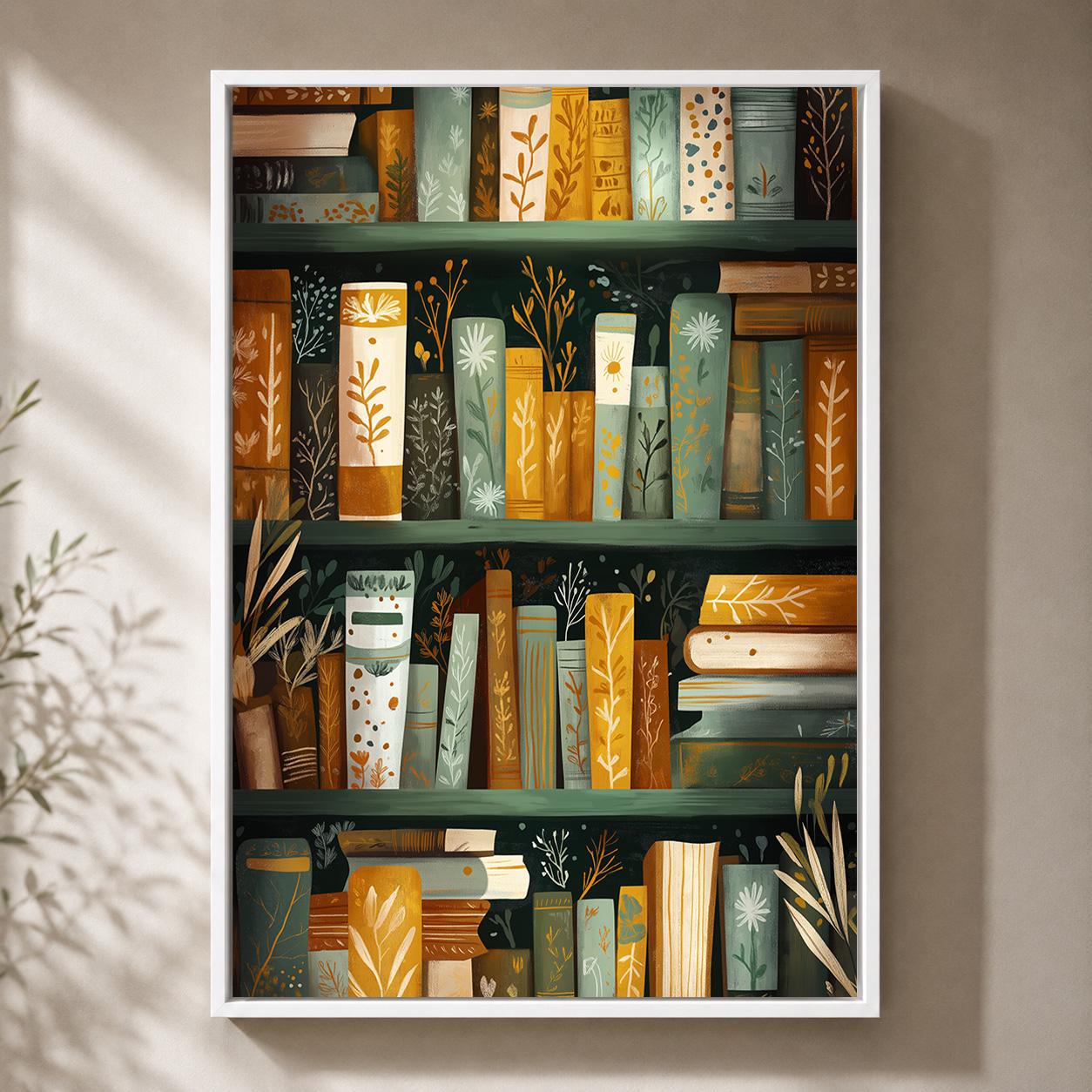 Botanical Bookshelf Dark Academia Book Green and Gold Library framed Canvas by The Wall Art Studio - physical