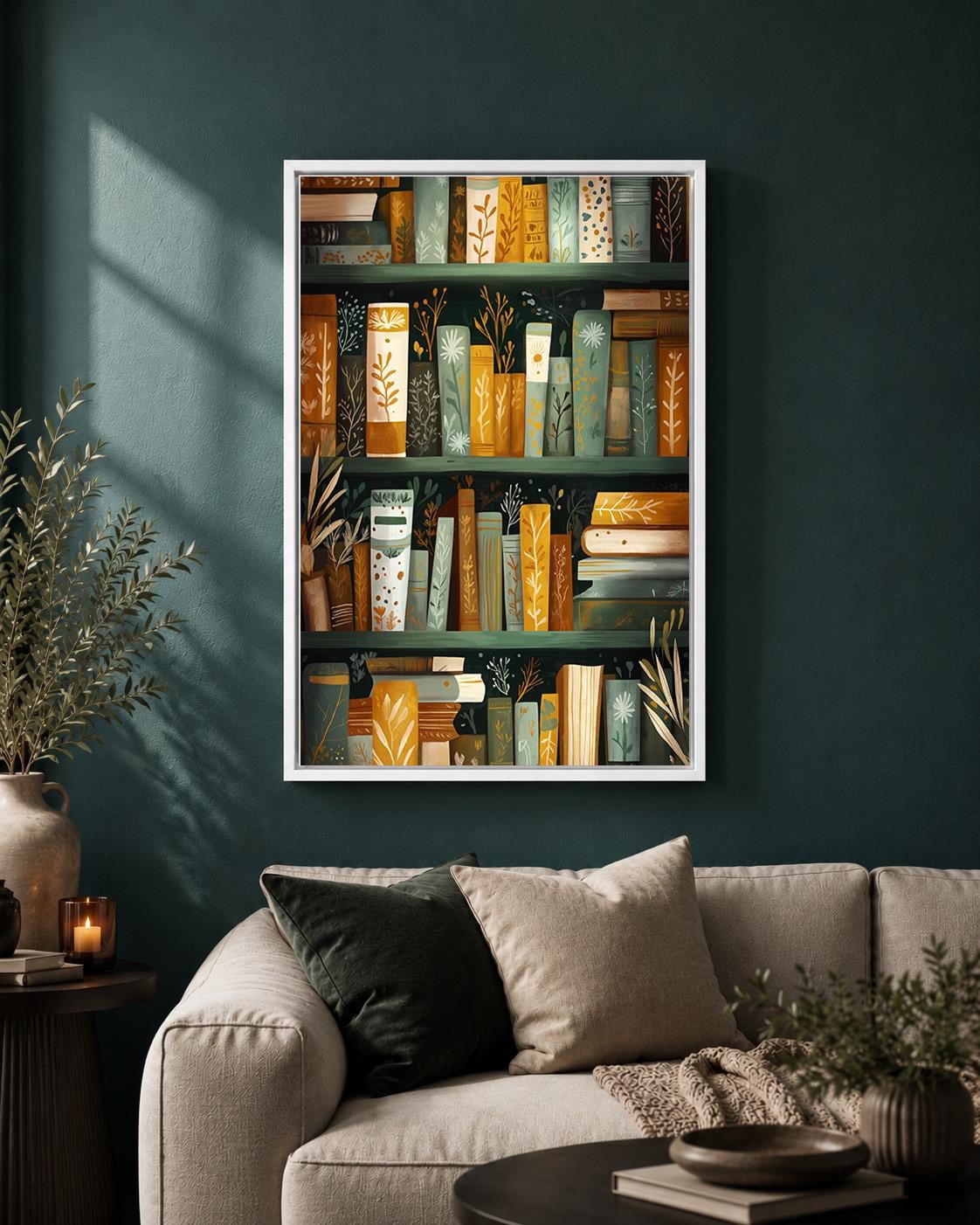 Botanical Bookshelf Dark Academia Book Green and Gold Library framed Canvas by The Wall Art Studio - physical