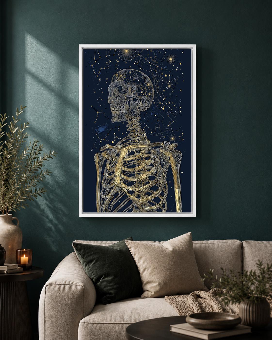 Celestial Skeleton Gothic Skull Gold and Navy Astrology Framed Canvas by The Wall Art Studio - physical