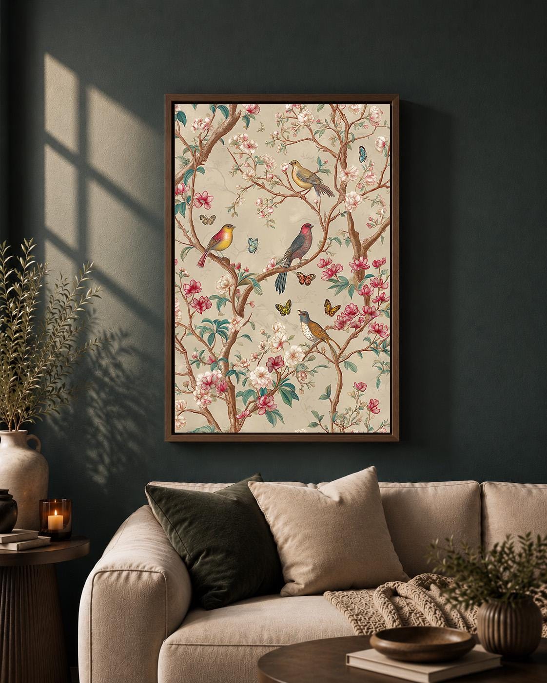 Chinoiserie Birds Pink Blossom Floral Botanical Framed Canvas by The Wall Art Studio - physical
