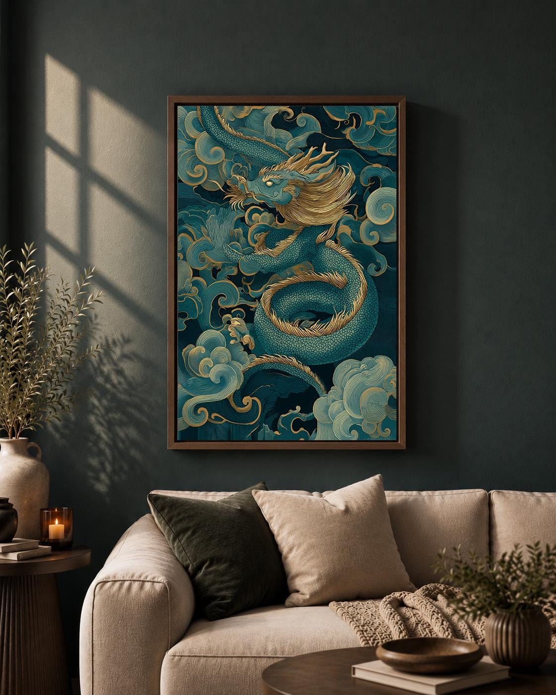 Japanese Dragon Blue & Gold Oriental Mythology Asian Framed Canvas by The Wall Art Studio - physical