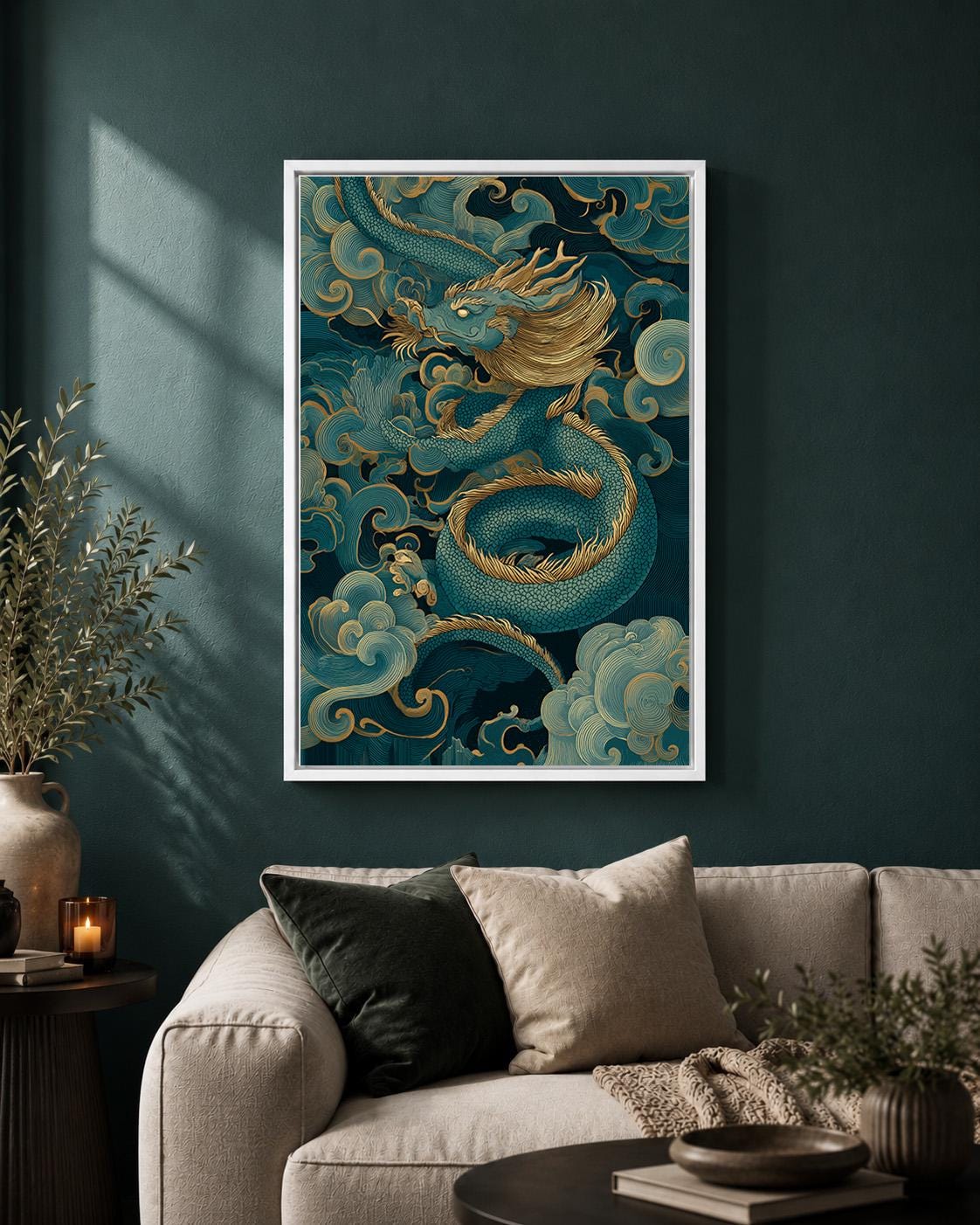 Japanese Dragon Blue & Gold Oriental Mythology Asian Framed Canvas by The Wall Art Studio - physical