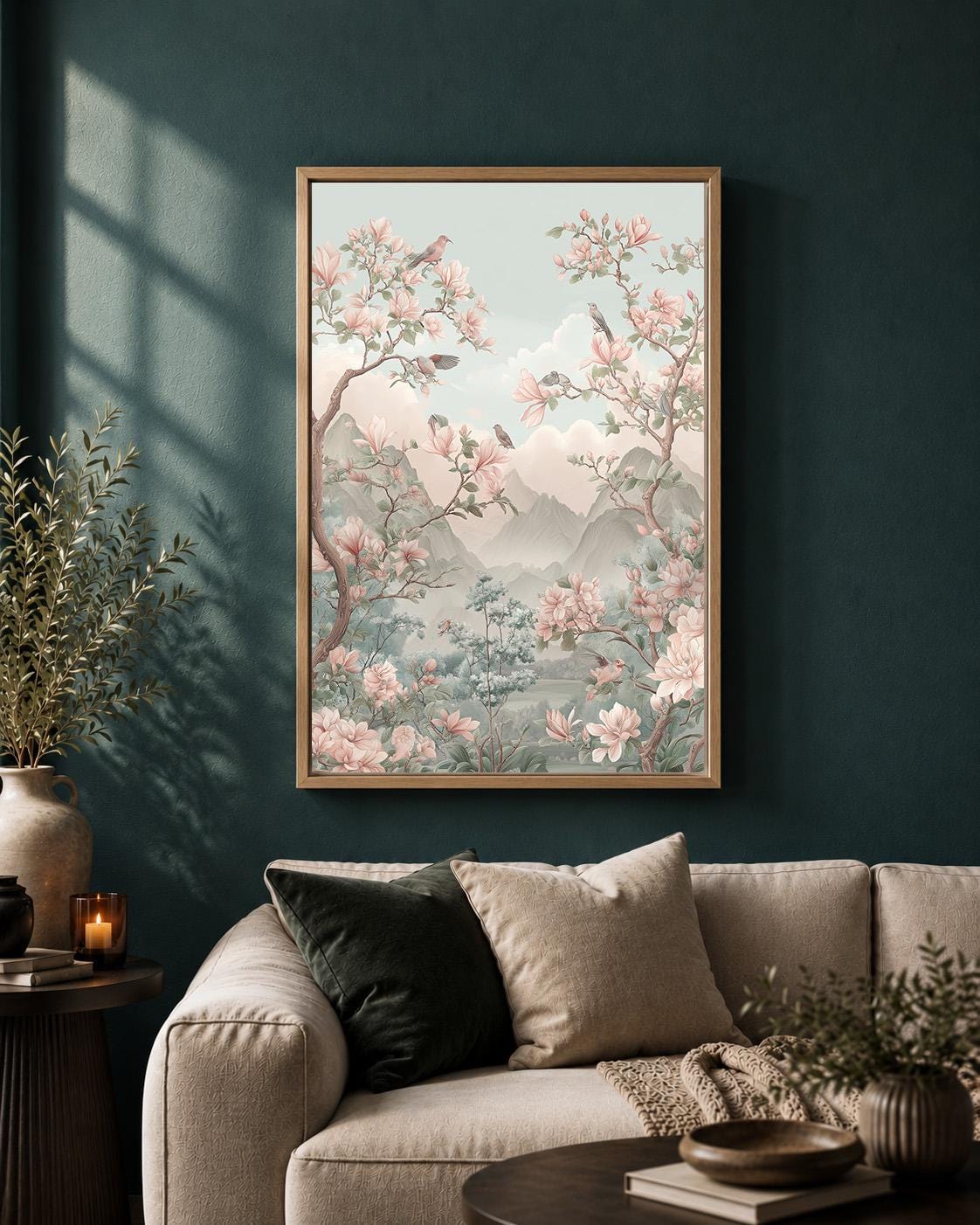 Chinoiserie Pink Magnolia Bird Pastel Mountain Asian Inspired Framed Canvas by The Wall Art Studio - physical
