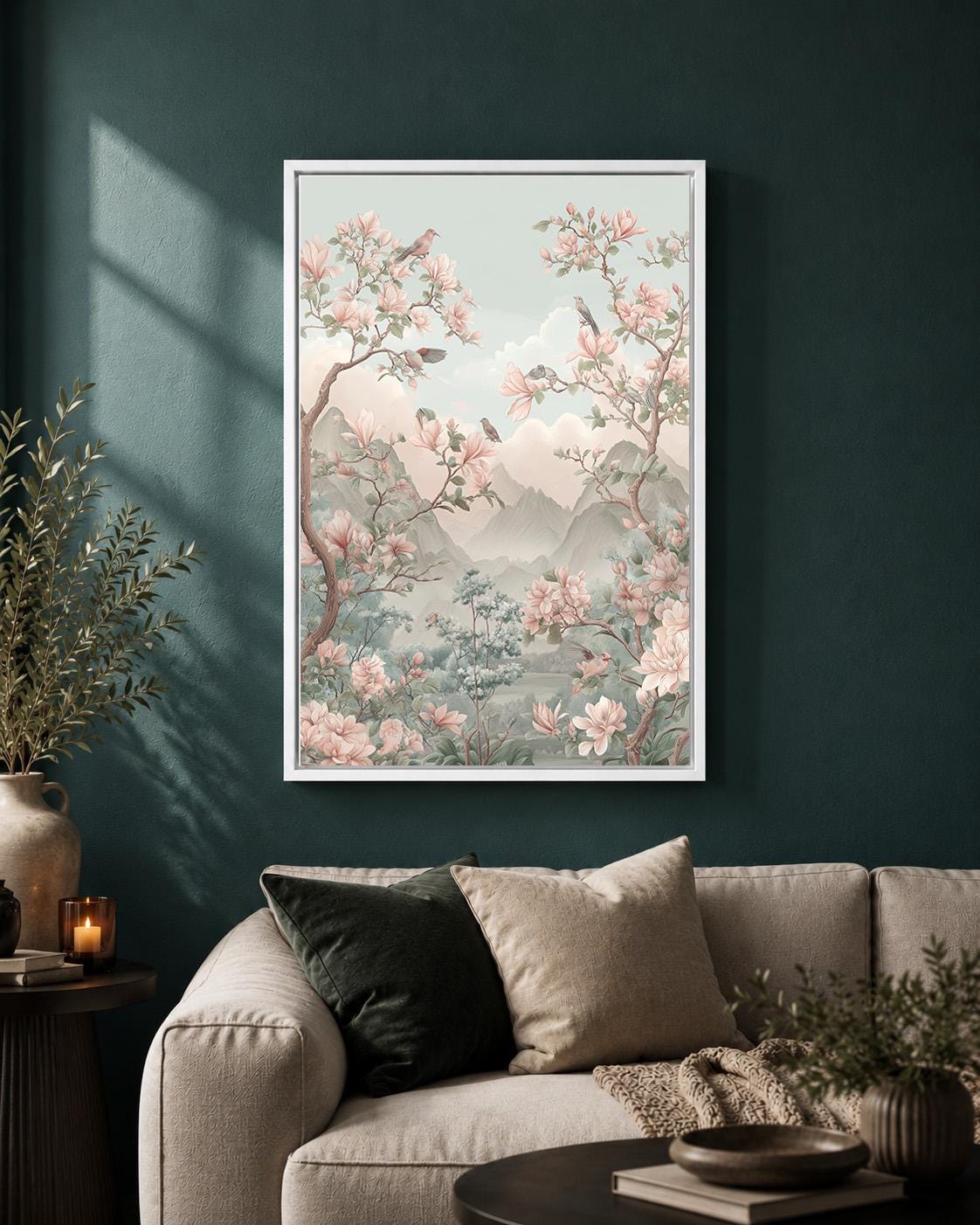 Chinoiserie Pink Magnolia Bird Pastel Mountain Asian Inspired Framed Canvas by The Wall Art Studio - physical