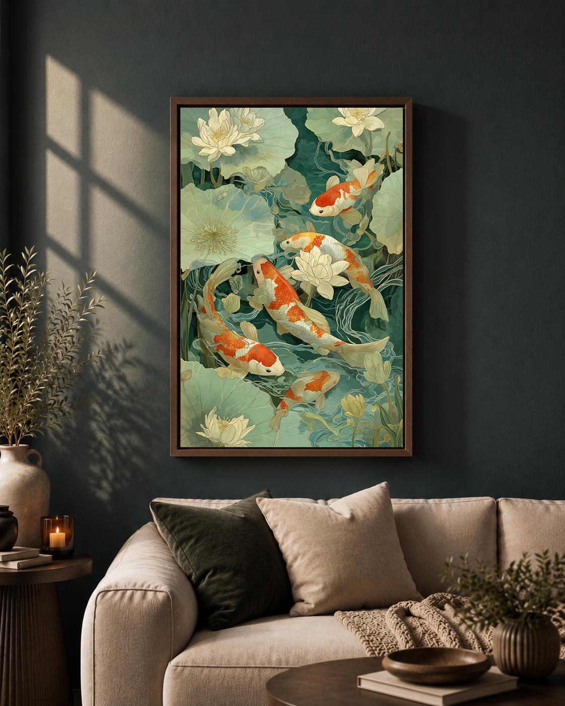 Koi Fish Lotus Pond Japanese Botanical Framed Canvas by The Wall Art Studio - physical