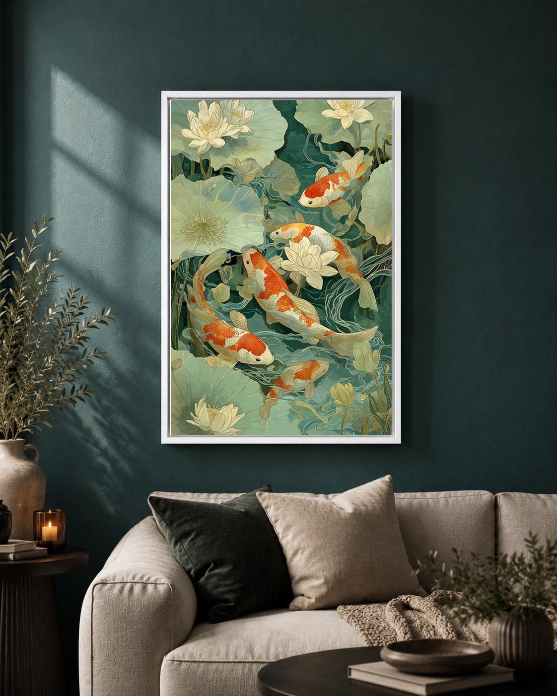 Koi Fish Lotus Pond Japanese Botanical Framed Canvas by The Wall Art Studio - physical