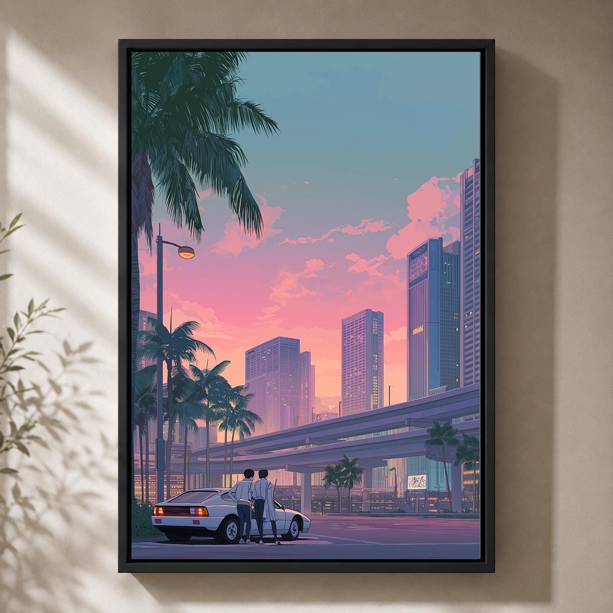 Retro Japanese City Pink Sunset Skyline 80s Vaporwave Framed Canvas by The Wall Art Studio - physical