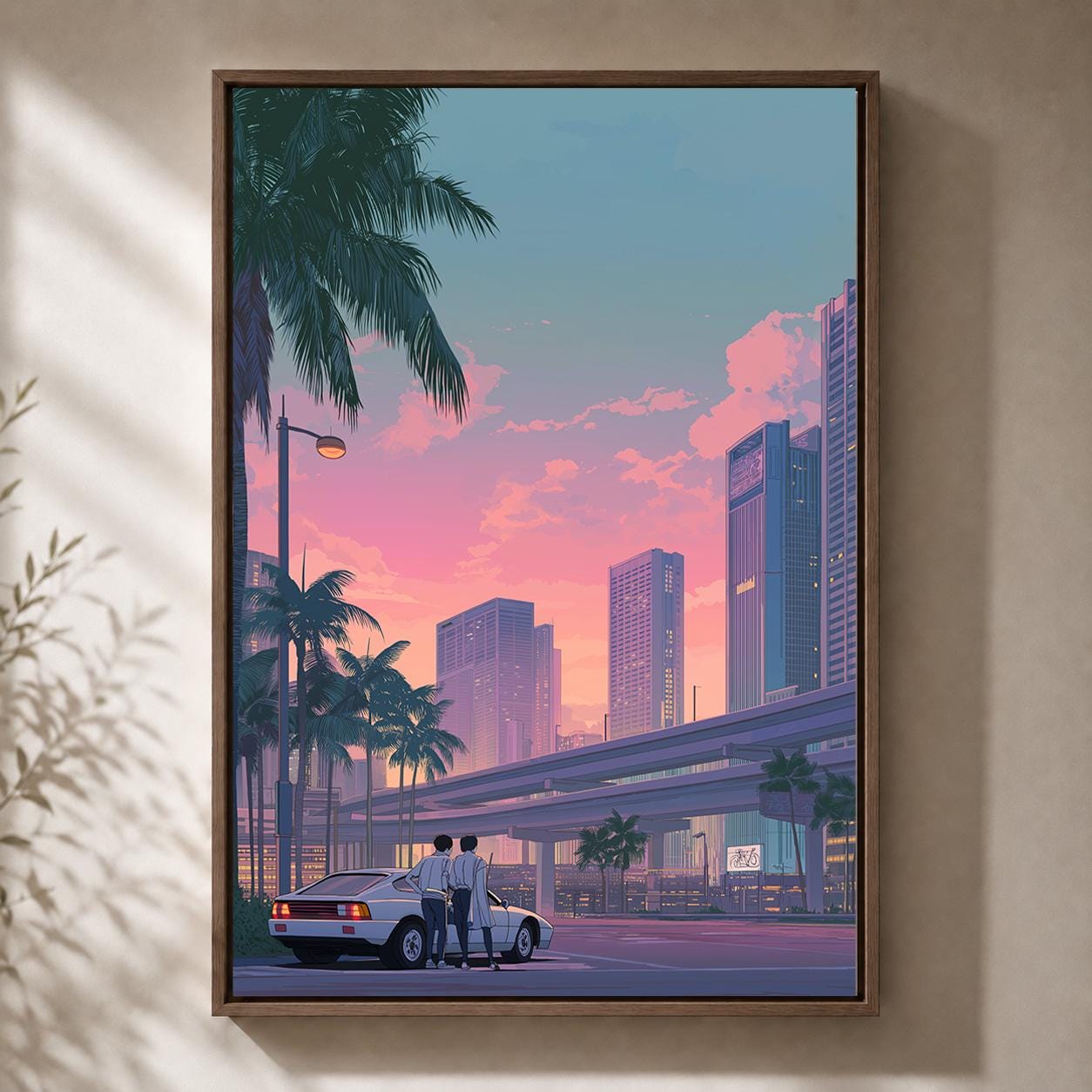 Retro Japanese City Pink Sunset Skyline 80s Vaporwave Framed Canvas by The Wall Art Studio - physical