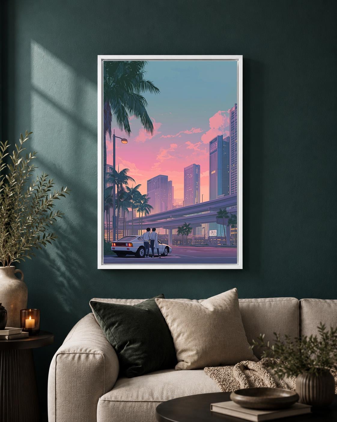 Retro Japanese City Pink Sunset Skyline 80s Vaporwave Framed Canvas by The Wall Art Studio - physical