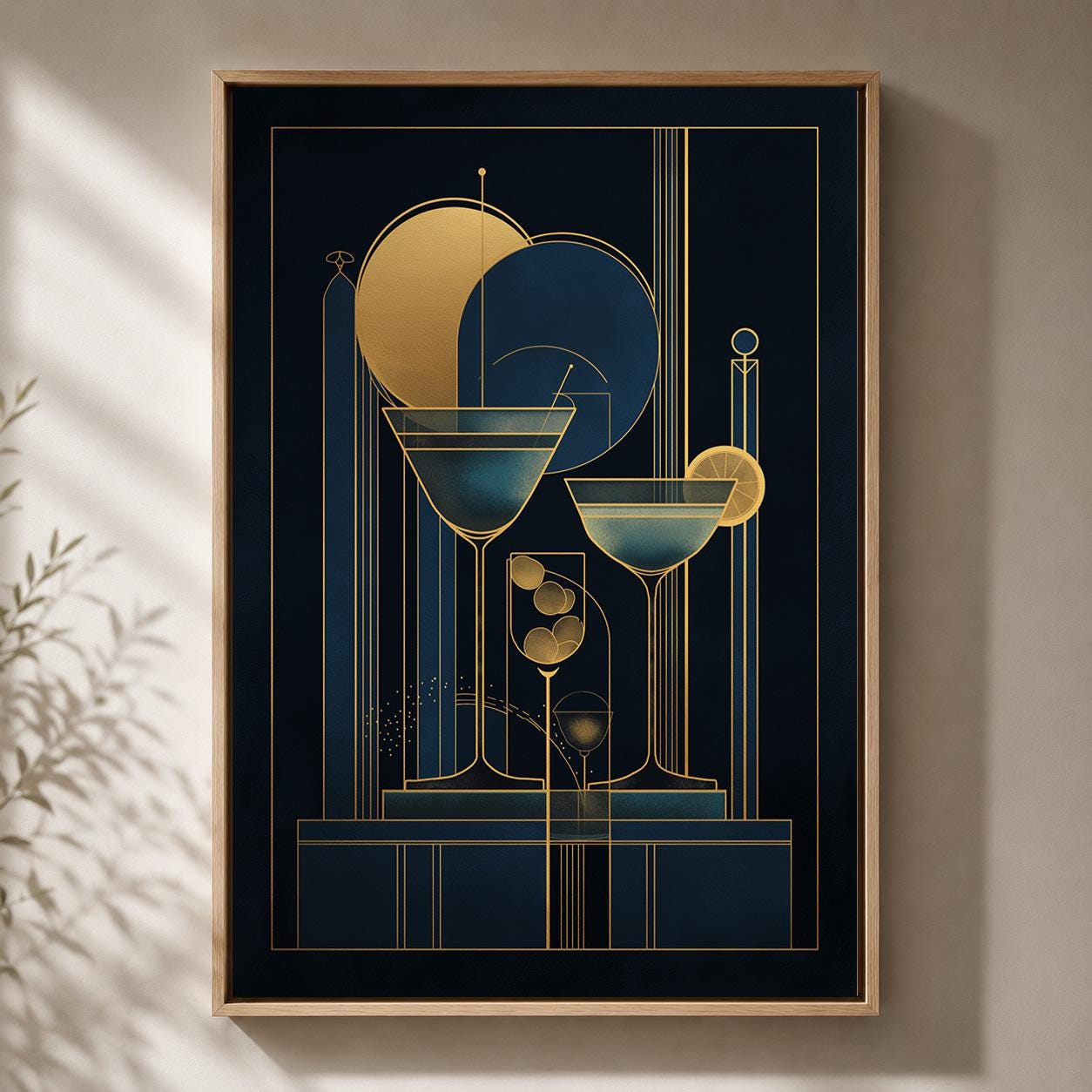 Art Deco Martini Navy Gold Bar Geometric Drinks Framed Canvas by The Wall Art Studio - physical