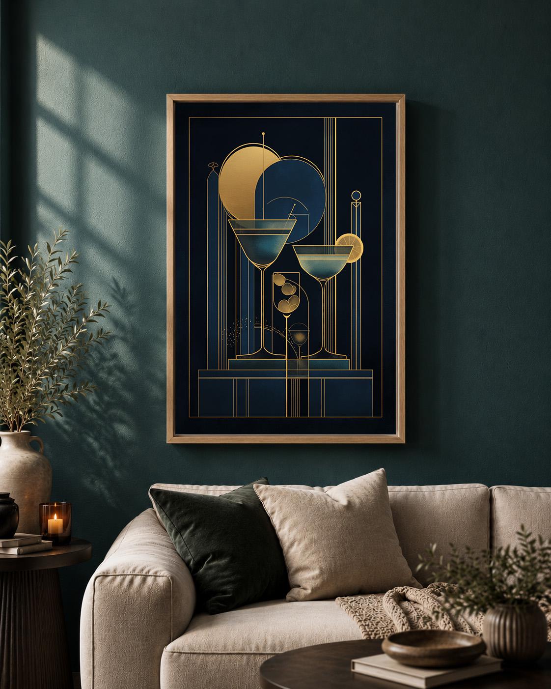 Art Deco Martini Navy Gold Bar Geometric Drinks Framed Canvas by The Wall Art Studio - physical