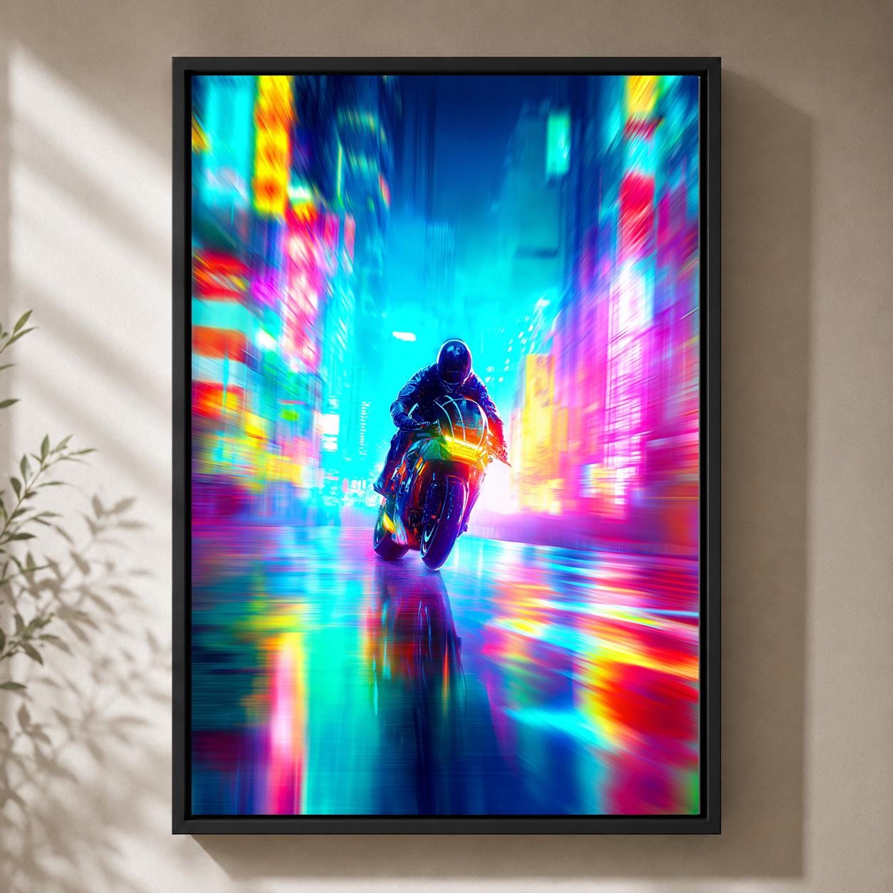 Cyberpunk Motorcycle Neon City Futuristic Motorbike Vaporwave Framed Canvas by The Wall Art Studio - physical