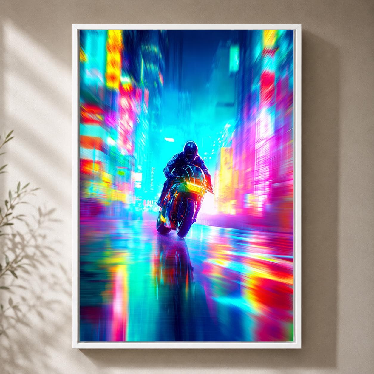 Cyberpunk Motorcycle Neon City Futuristic Motorbike Vaporwave Framed Canvas by The Wall Art Studio - physical
