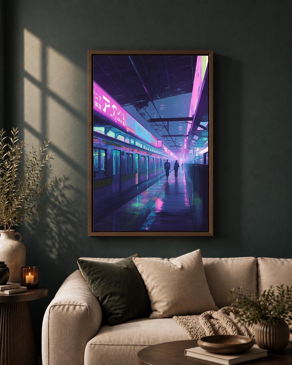 Cyberpunk Train Station Neon Japanese City Vaporwave Urban Framed Canvas by The Wall Art Studio - physical
