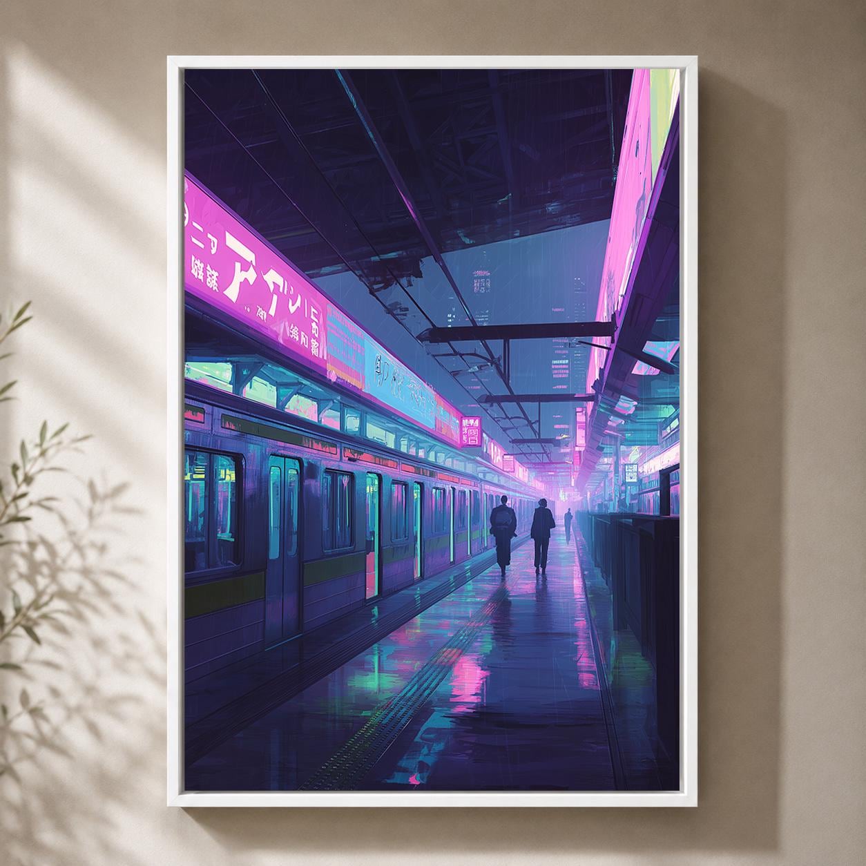 Cyberpunk Train Station Neon Japanese City Vaporwave Urban Framed Canvas by The Wall Art Studio - physical