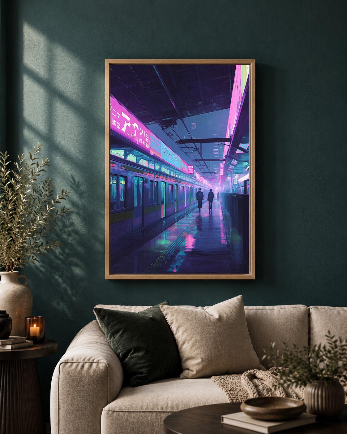 Cyberpunk Train Station Neon Japanese City Vaporwave Urban Framed Canvas by The Wall Art Studio - physical