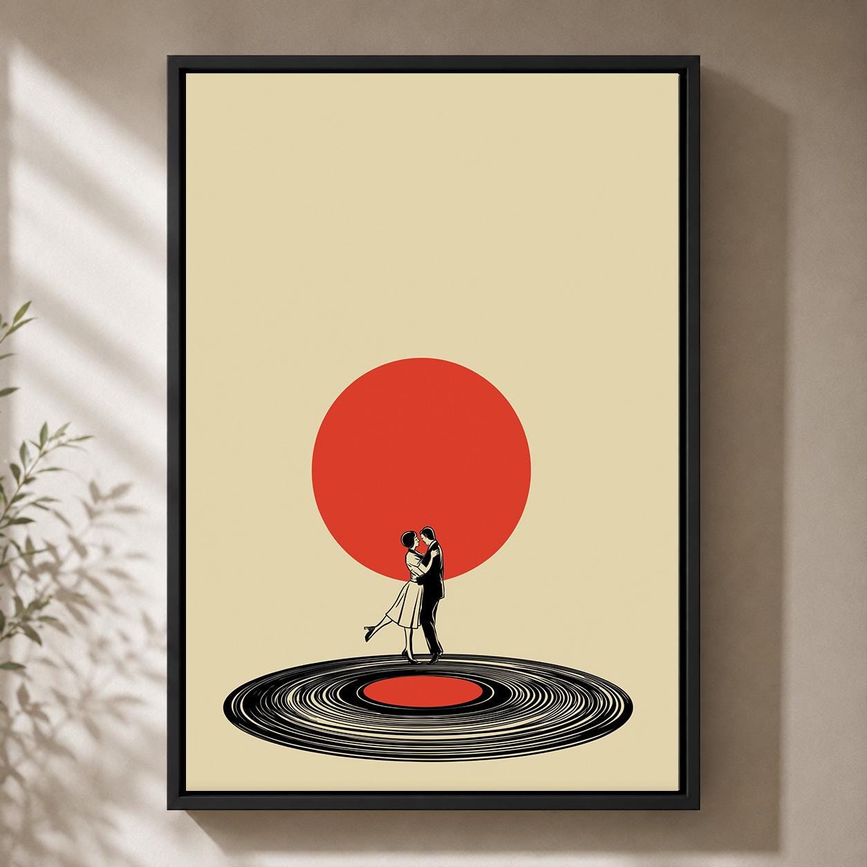 Retro Couple Vinyl Record Dance Mid Century Romantic Framed Canvas by The Wall Art Studio - physical