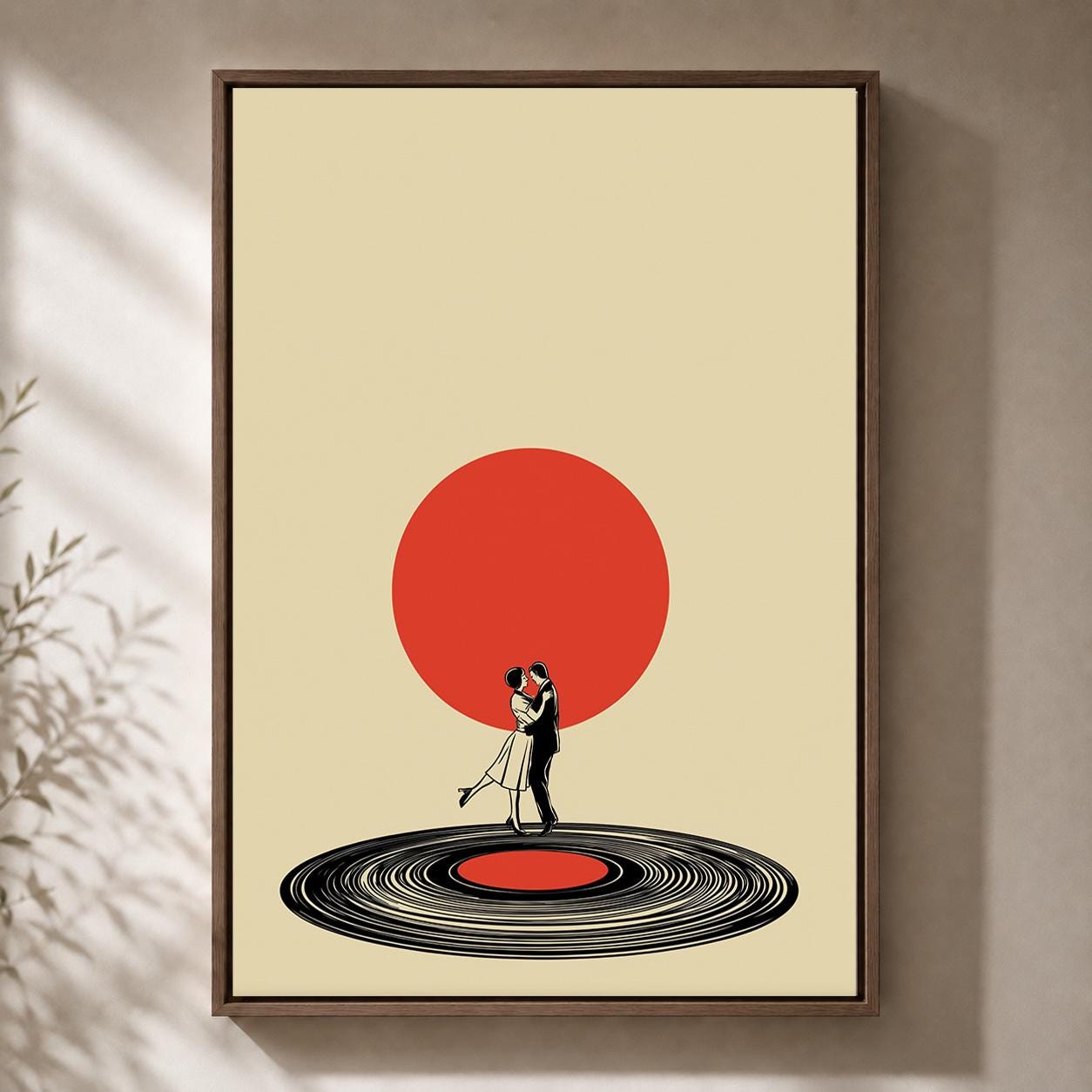 Retro Couple Vinyl Record Dance Mid Century Romantic Framed Canvas by The Wall Art Studio - physical