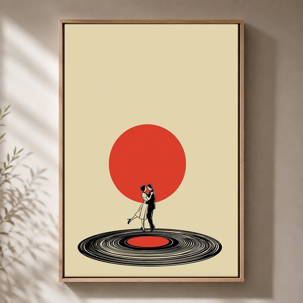 Retro Couple Vinyl Record Dance Mid Century Romantic Framed Canvas by The Wall Art Studio - physical