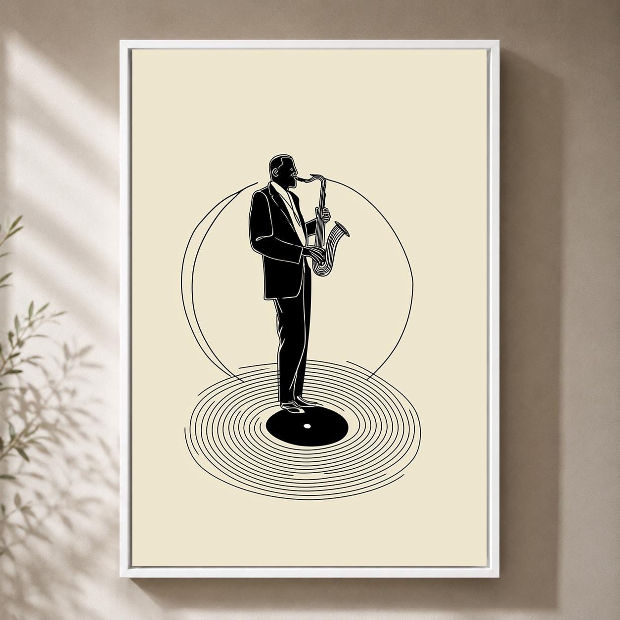Jazz Saxophone Vinyl Record Retro Music Sax Player Framed Canvas by The Wall Art Studio - physical
