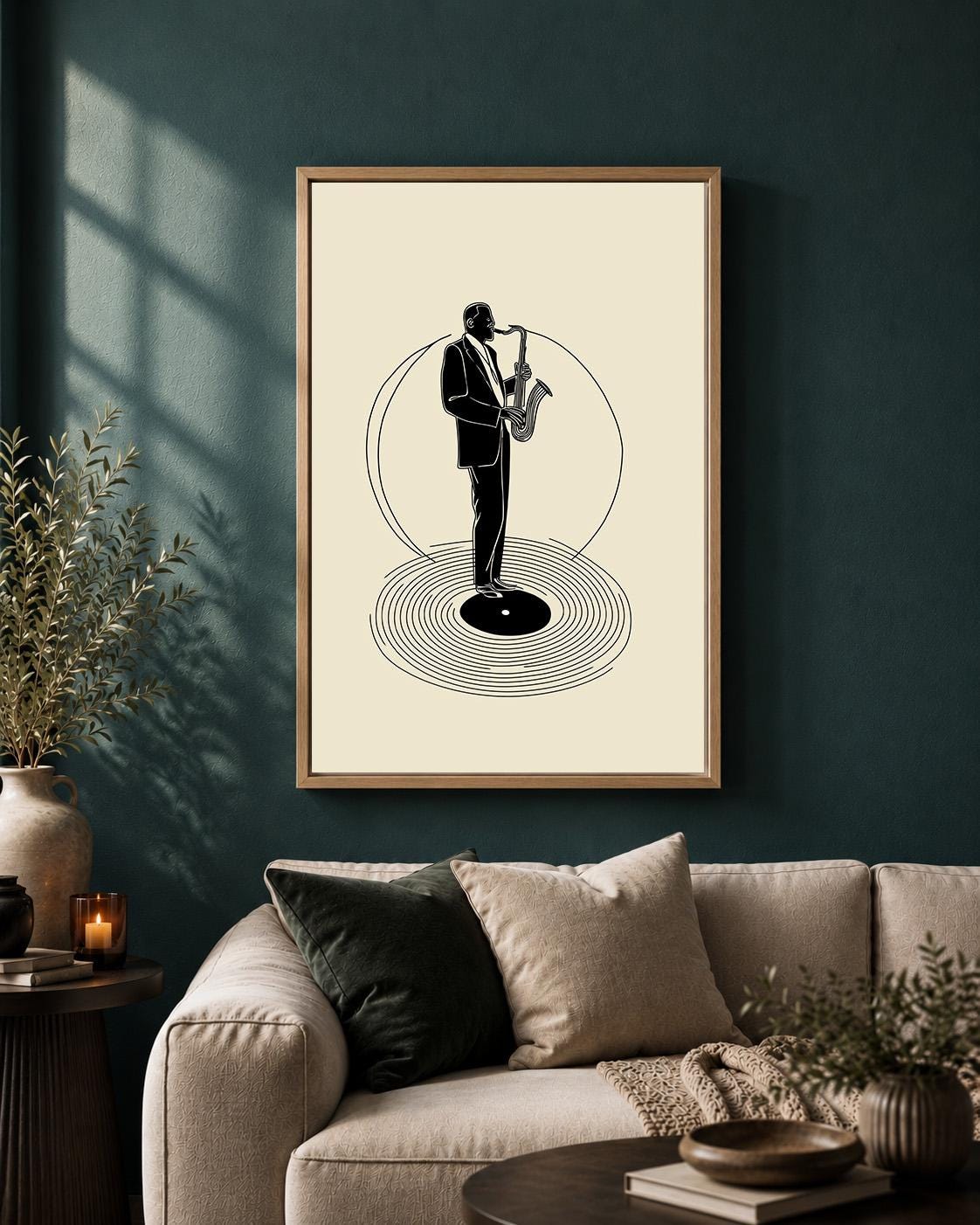Jazz Saxophone Vinyl Record Retro Music Sax Player Framed Canvas by The Wall Art Studio - physical