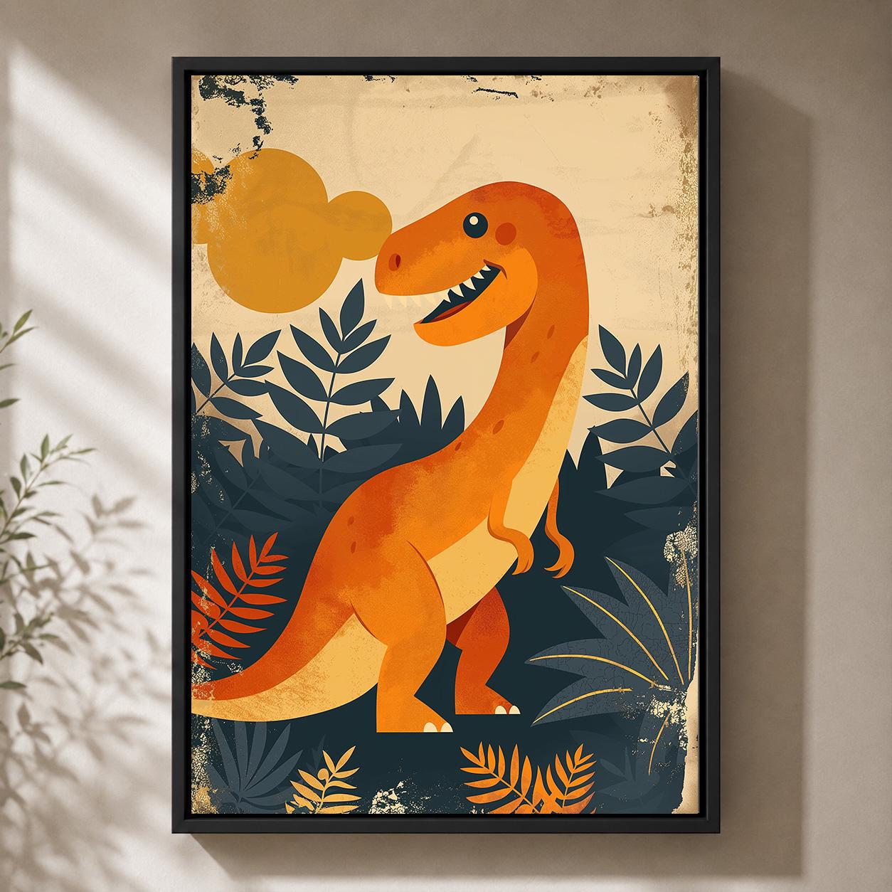 Orange T Rex Dinosaur Prehistoric Kids Nursery Framed Canvas by The Wall Art Studio - physical