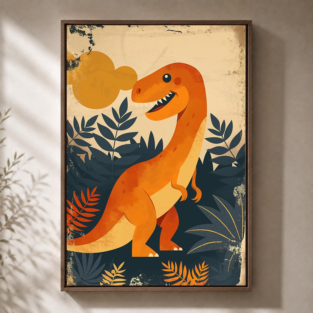 Orange T Rex Dinosaur Prehistoric Kids Nursery Framed Canvas by The Wall Art Studio - physical