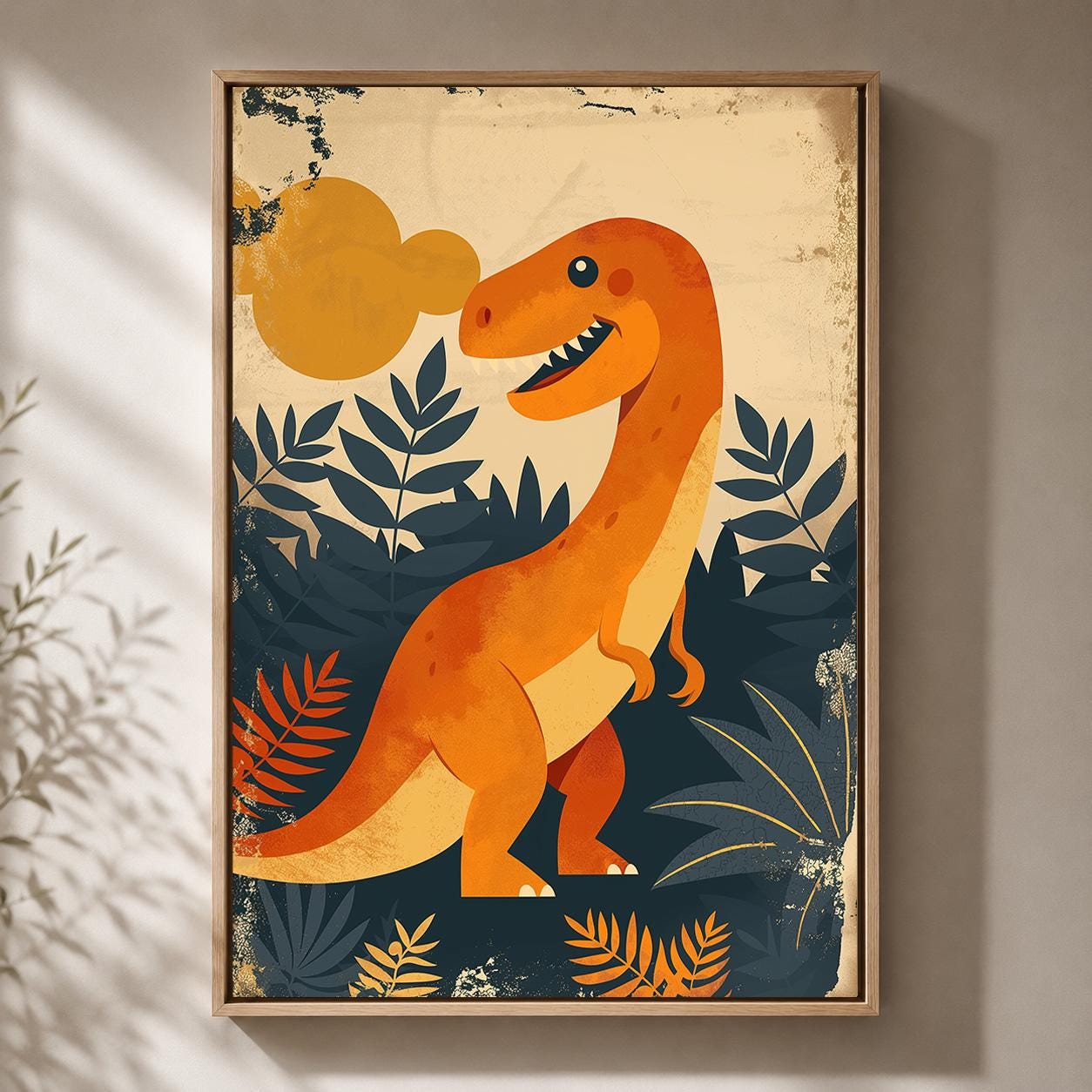 Orange T Rex Dinosaur Prehistoric Kids Nursery Framed Canvas by The Wall Art Studio - physical