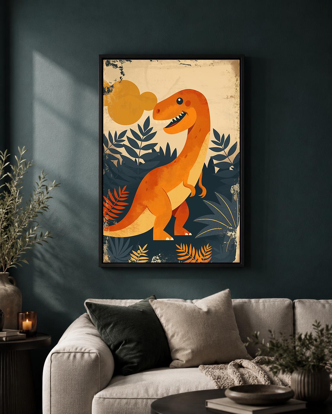 Orange T Rex Dinosaur Prehistoric Kids Nursery Framed Canvas by The Wall Art Studio - physical
