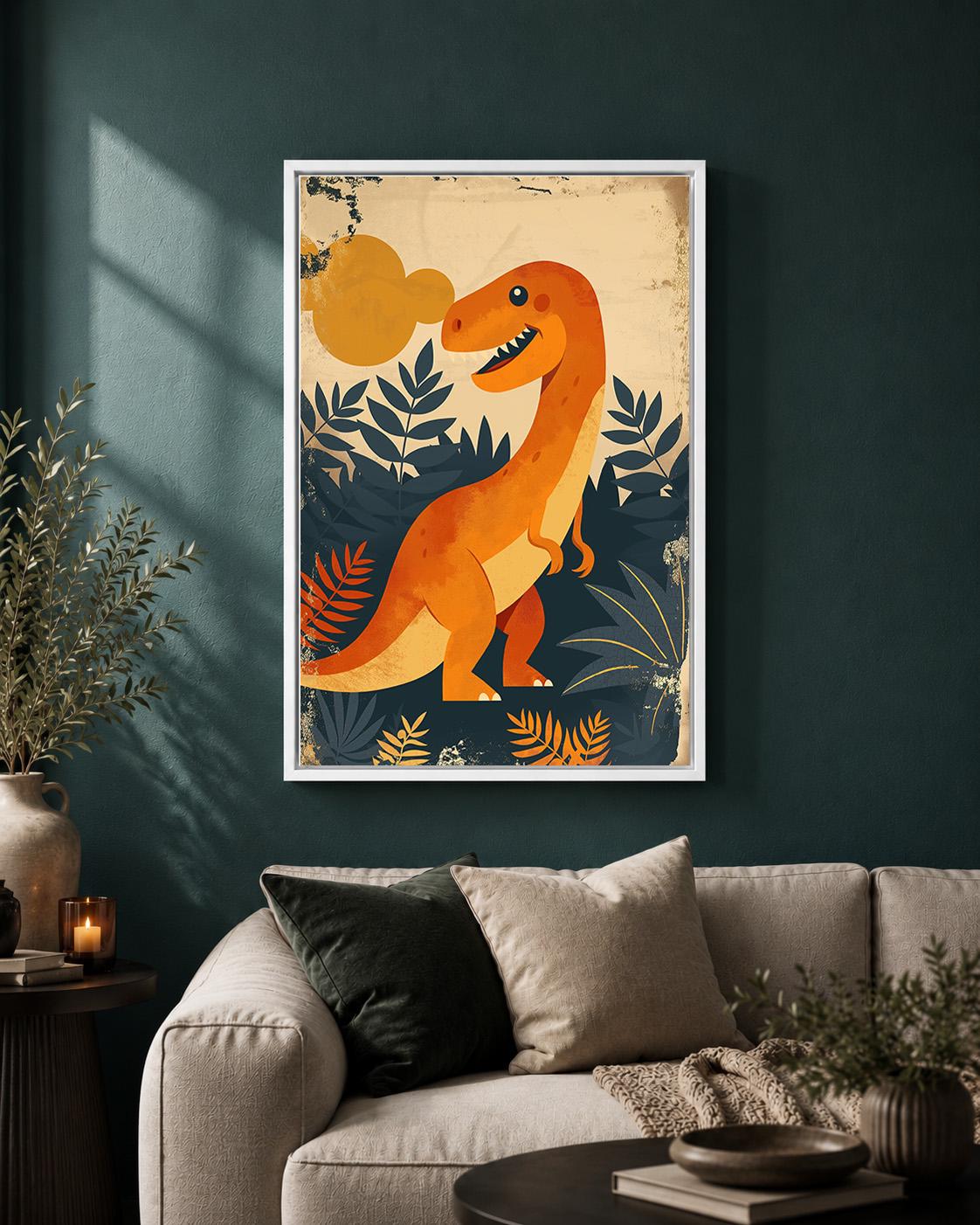 Orange T Rex Dinosaur Prehistoric Kids Nursery Framed Canvas by The Wall Art Studio - physical