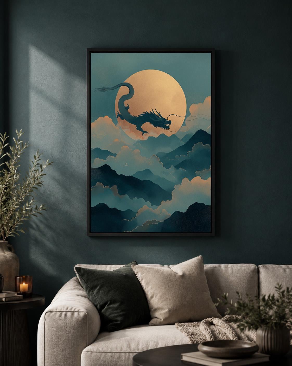 Chinese Moon Dragon Oriental Fantasy Asian Inspired Framed Canvas by The Wall Art Studio - physical
