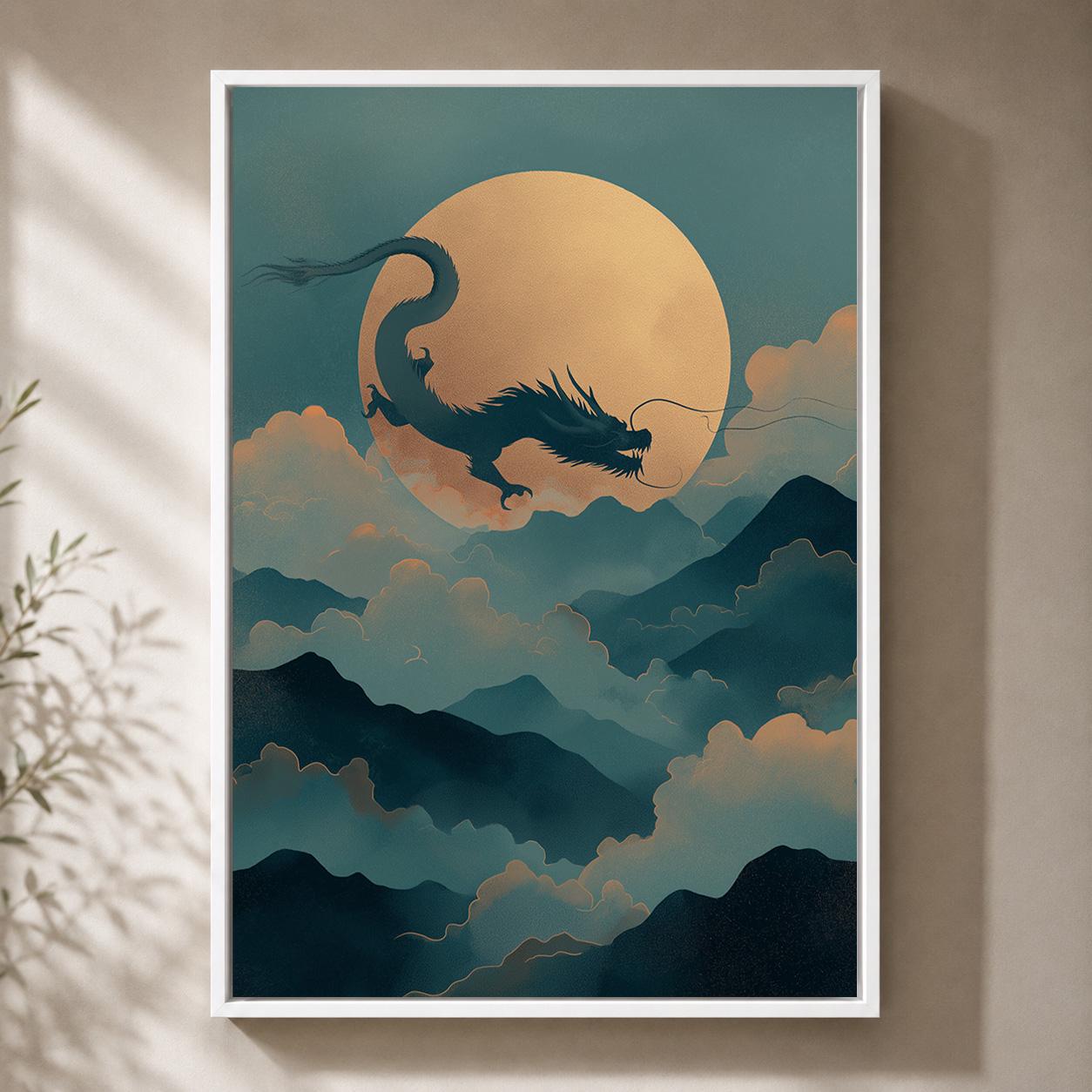 Chinese Moon Dragon Oriental Fantasy Asian Inspired Framed Canvas by The Wall Art Studio - physical