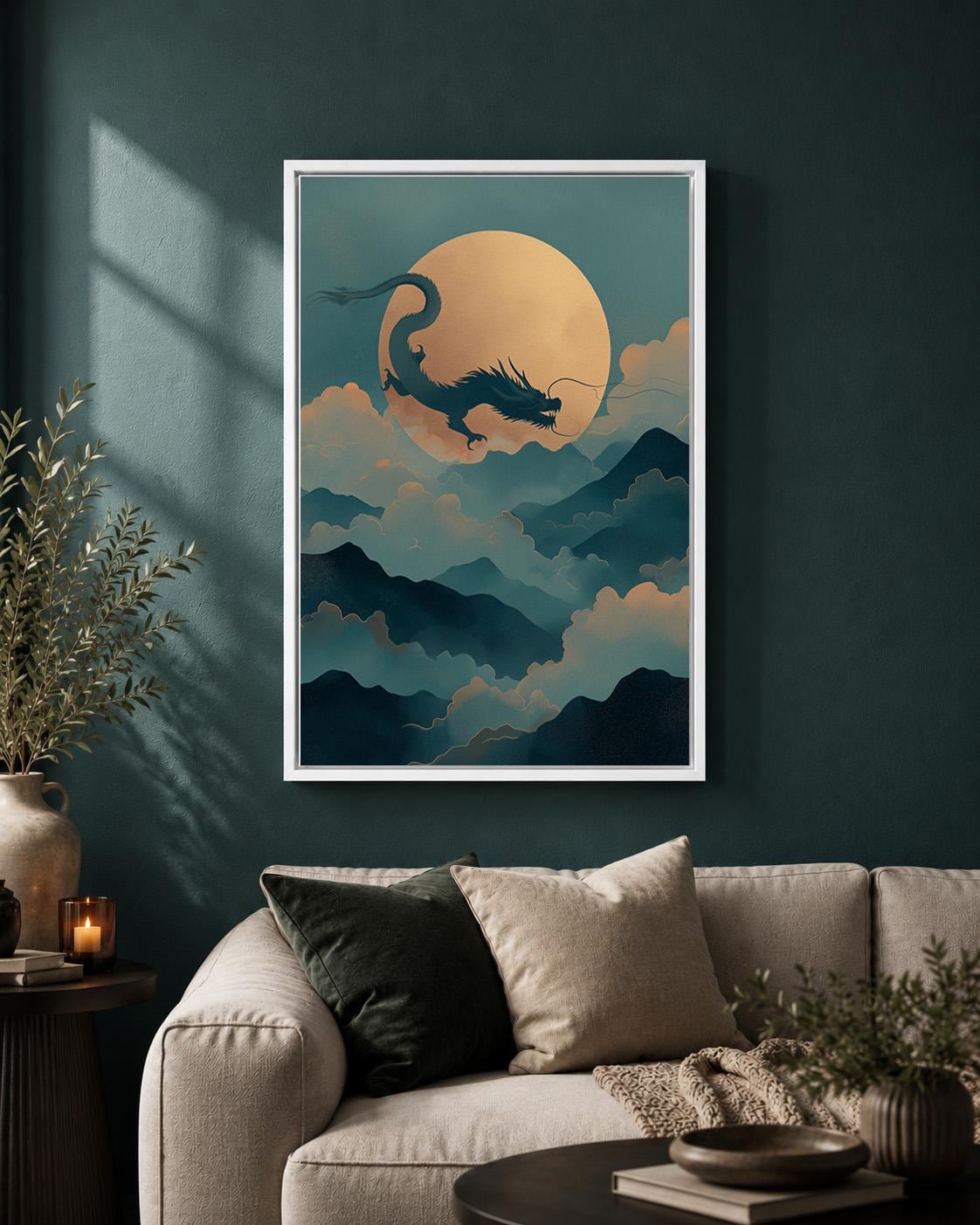 Chinese Moon Dragon Oriental Fantasy Asian Inspired Framed Canvas by The Wall Art Studio - physical