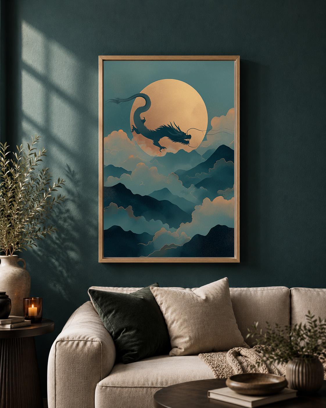 Chinese Moon Dragon Oriental Fantasy Asian Inspired Framed Canvas by The Wall Art Studio - physical