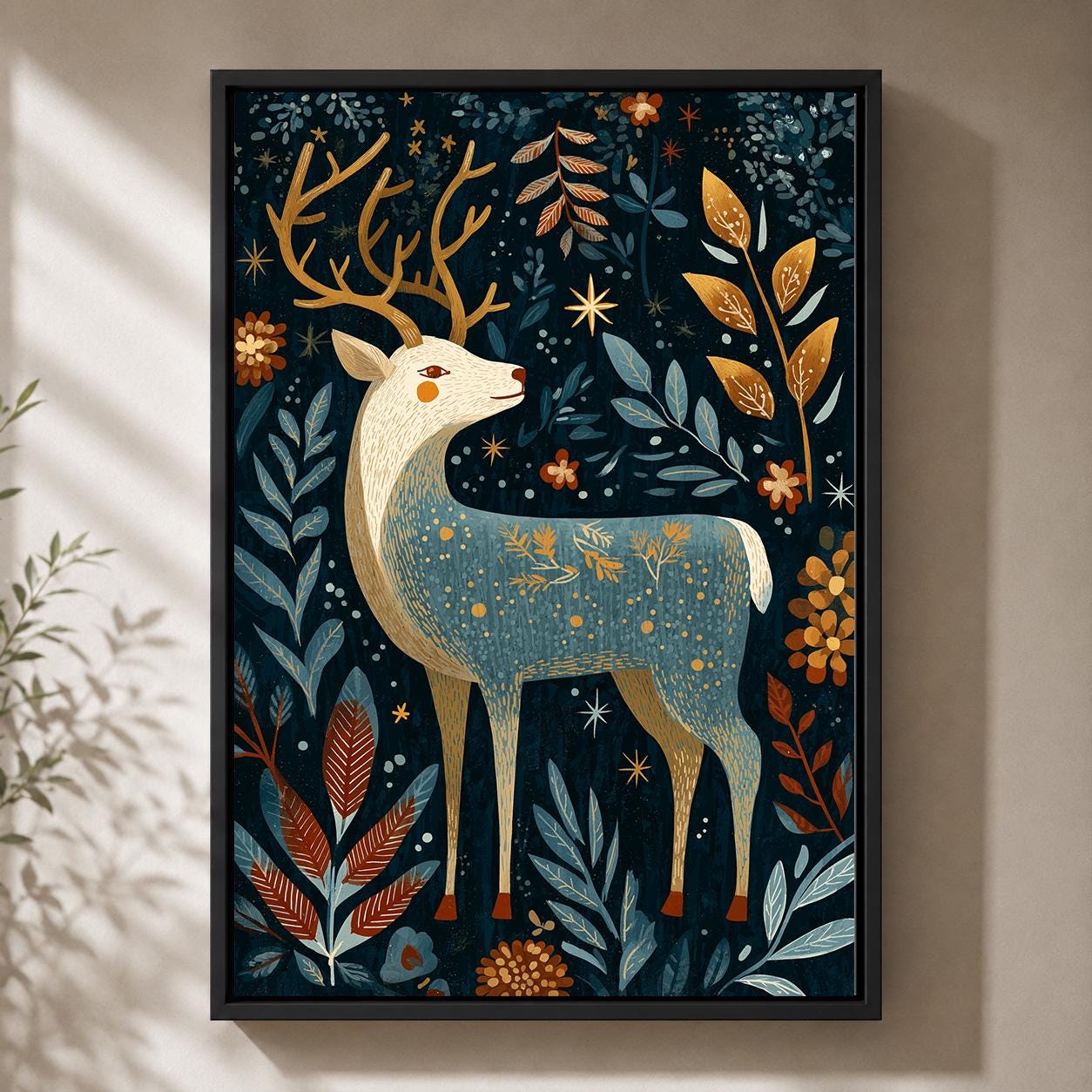 Folk Art Reindeer Scandinavian Christmas Festive Framed Canvas by The Wall Art Studio - physical
