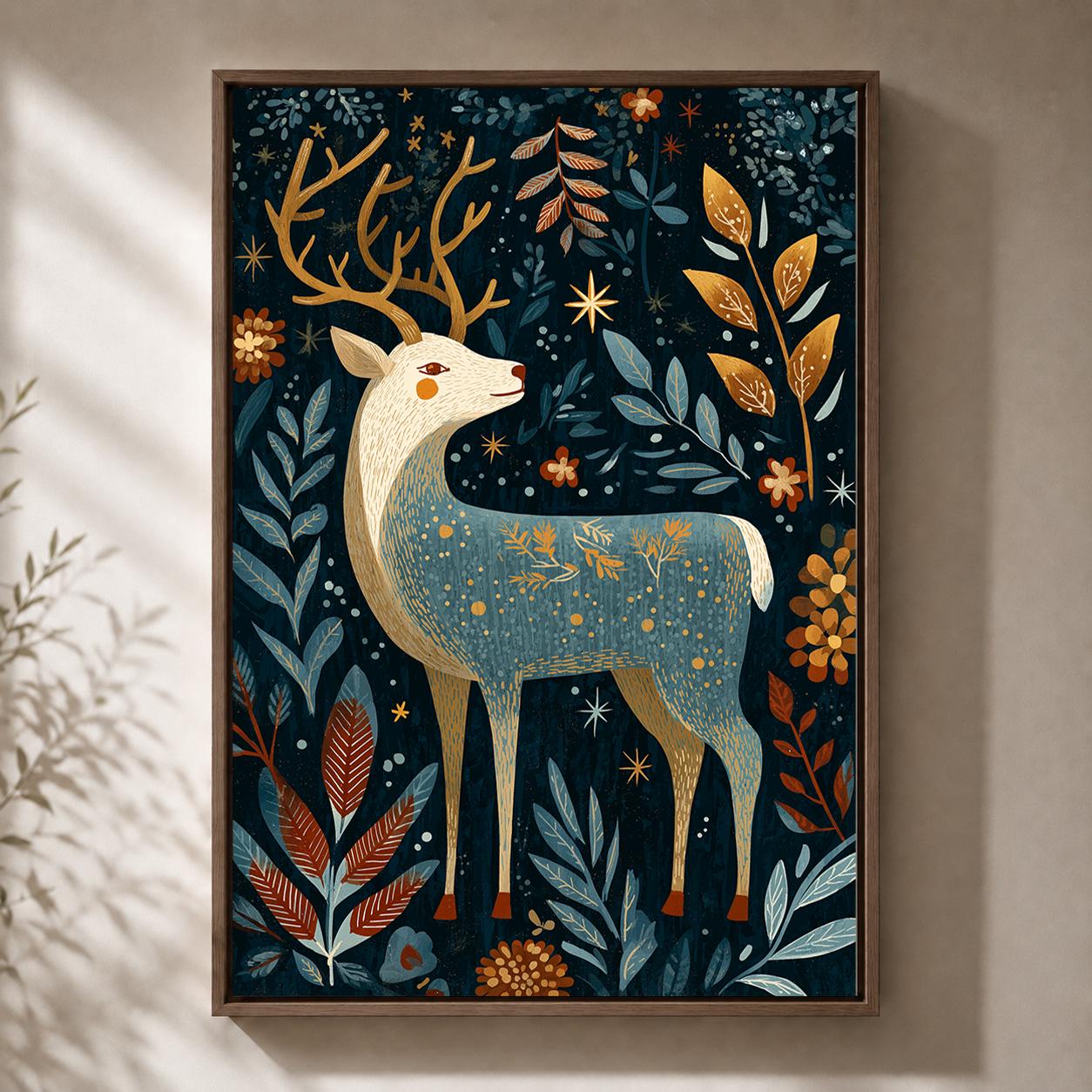 Folk Art Reindeer Scandinavian Christmas Festive Framed Canvas by The Wall Art Studio - physical