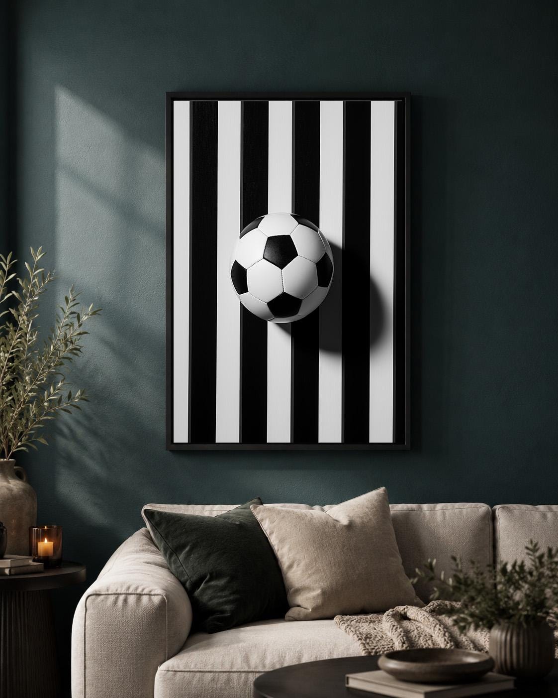 Black and White Striped Football Soccer Framed Canvas by The Wall Art Studio - physical